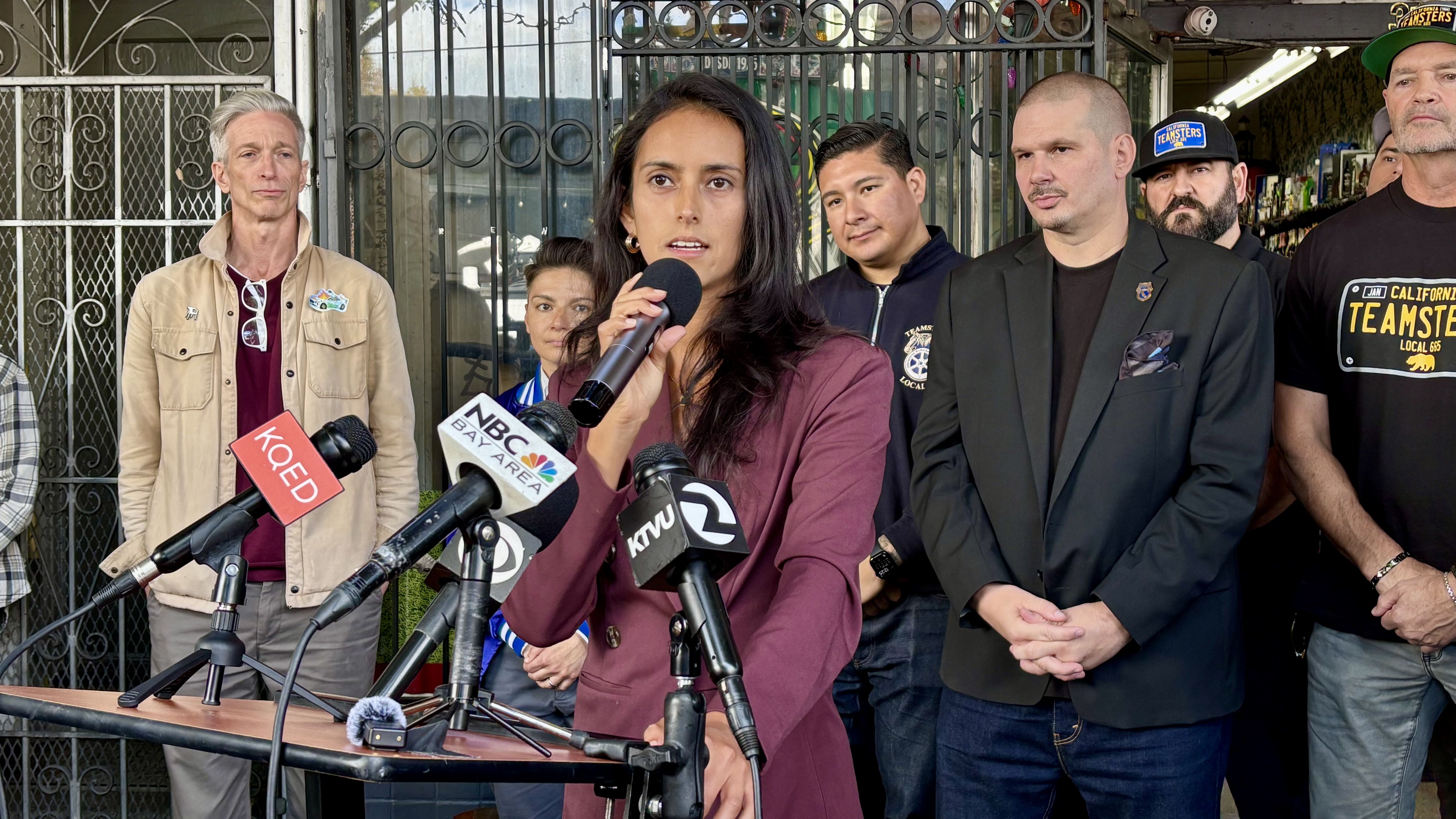 District 9 Supervisor Jackie Fielder speaks out against Waymo. Photo: Nadia Lopez/Axios