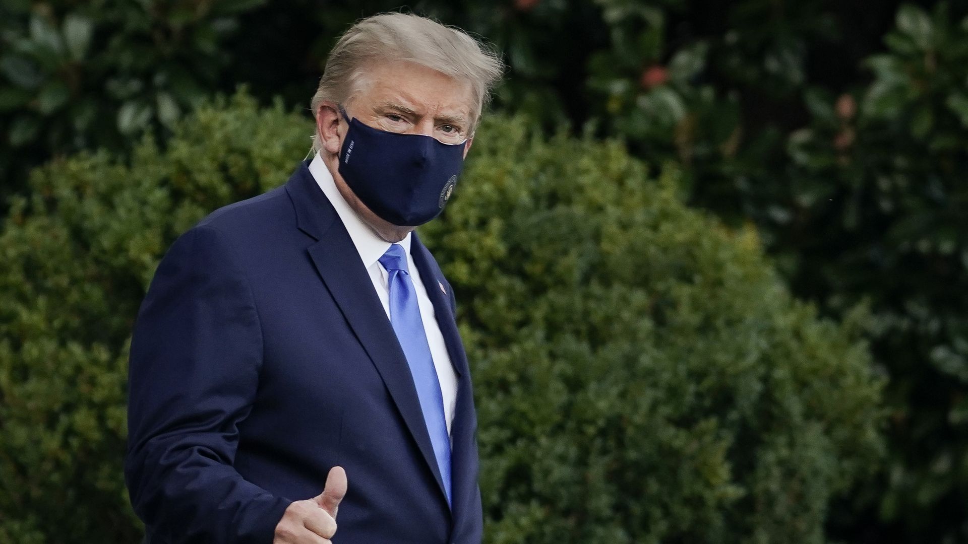 President Donald Trump leaves the White House for Walter Reed National Military Medical Center on the South Lawn of the White House on October 2