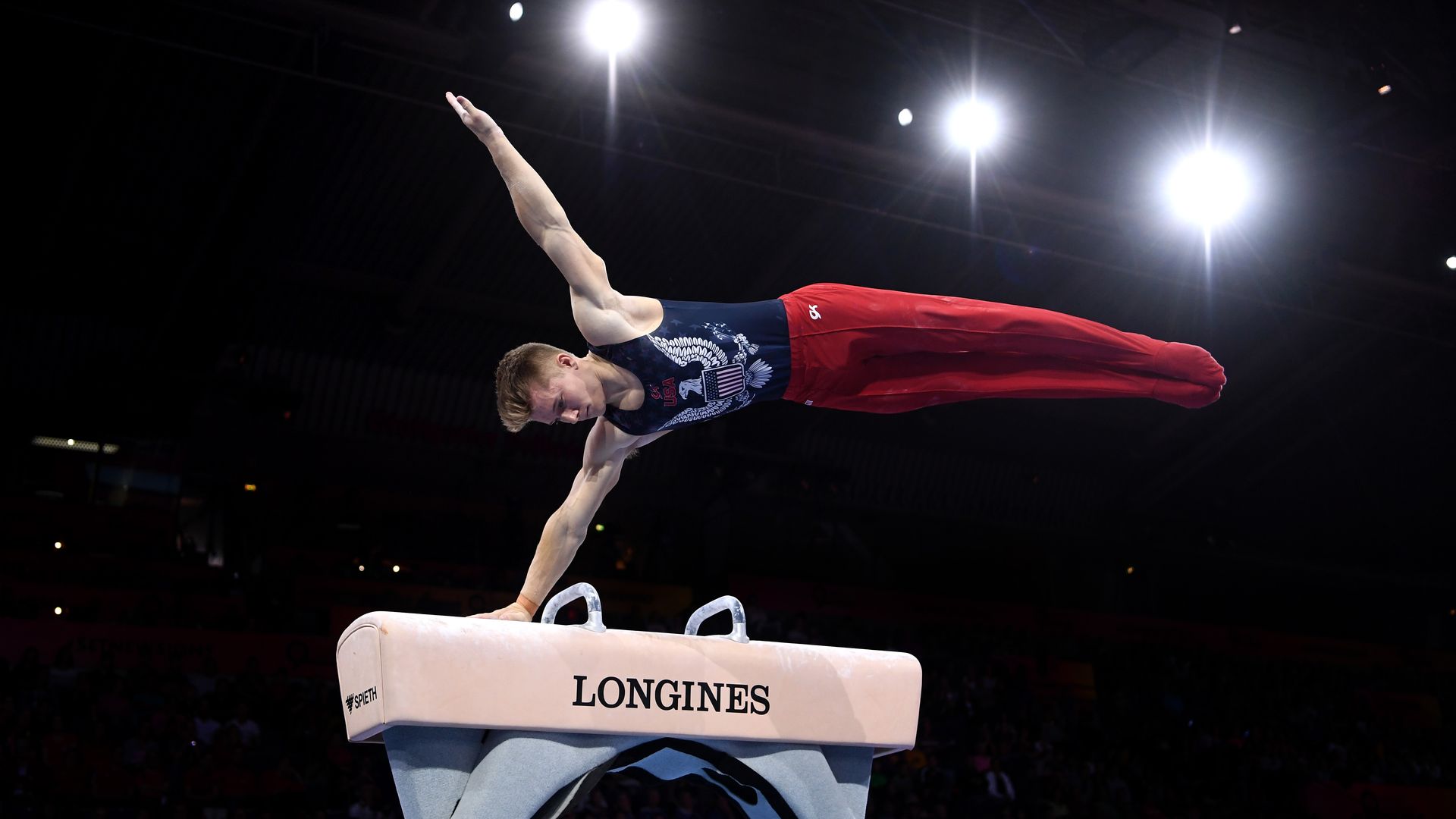 Gymnast Shane Wiskus competes on the pommel horse.