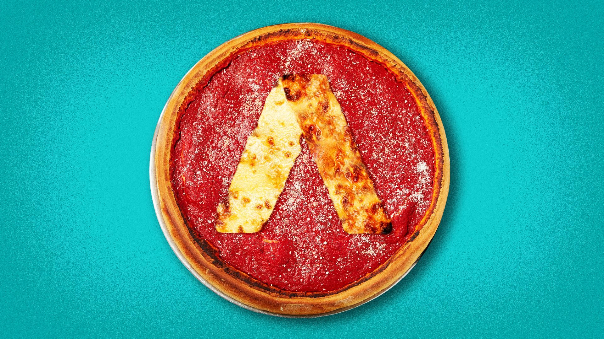 Illustration of a Chicago deep dish pizza with the Axios logo made of cheese. 