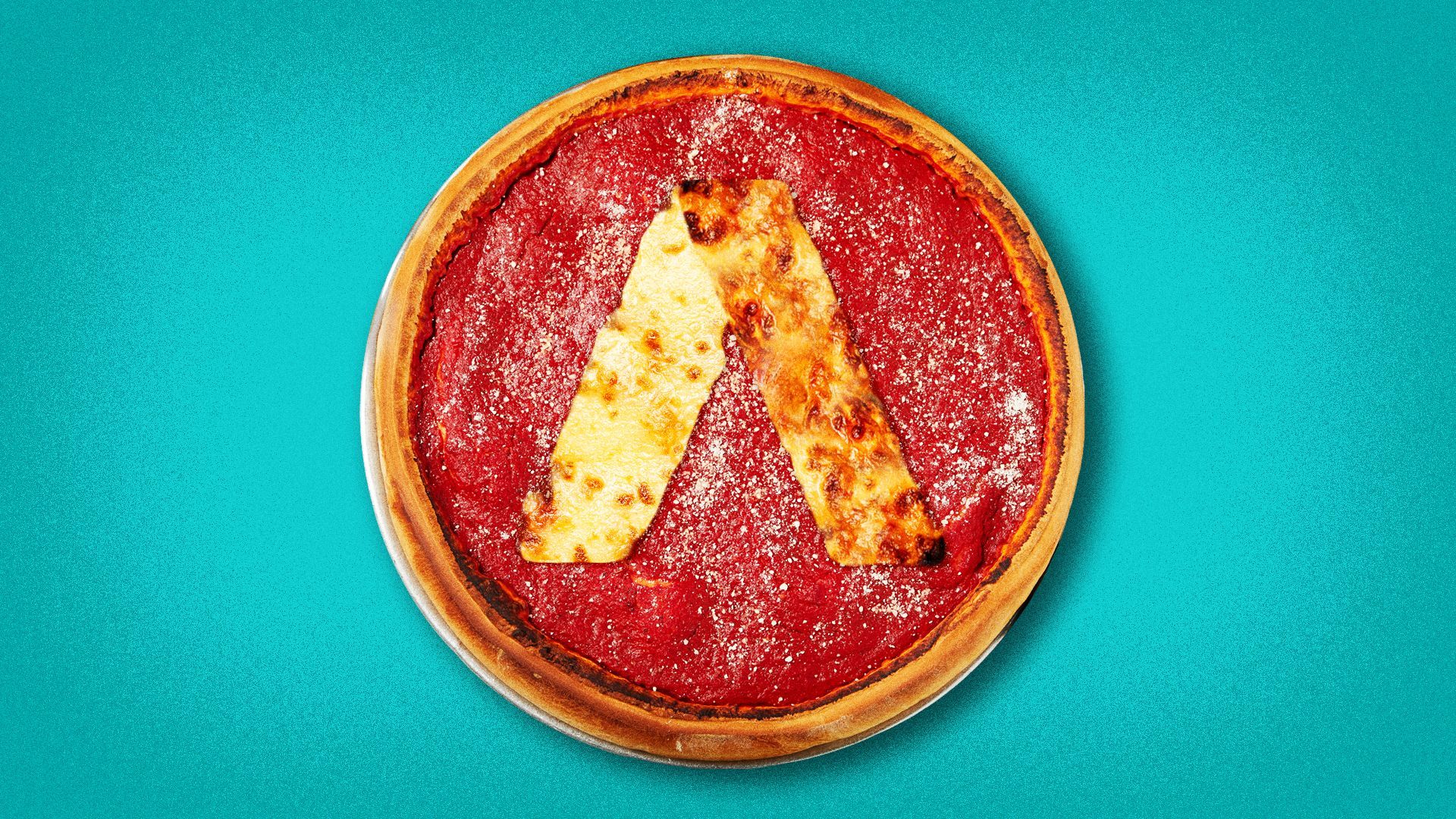 Illustration of a Chicago deep dish pizza with the Axios logo made of cheese.