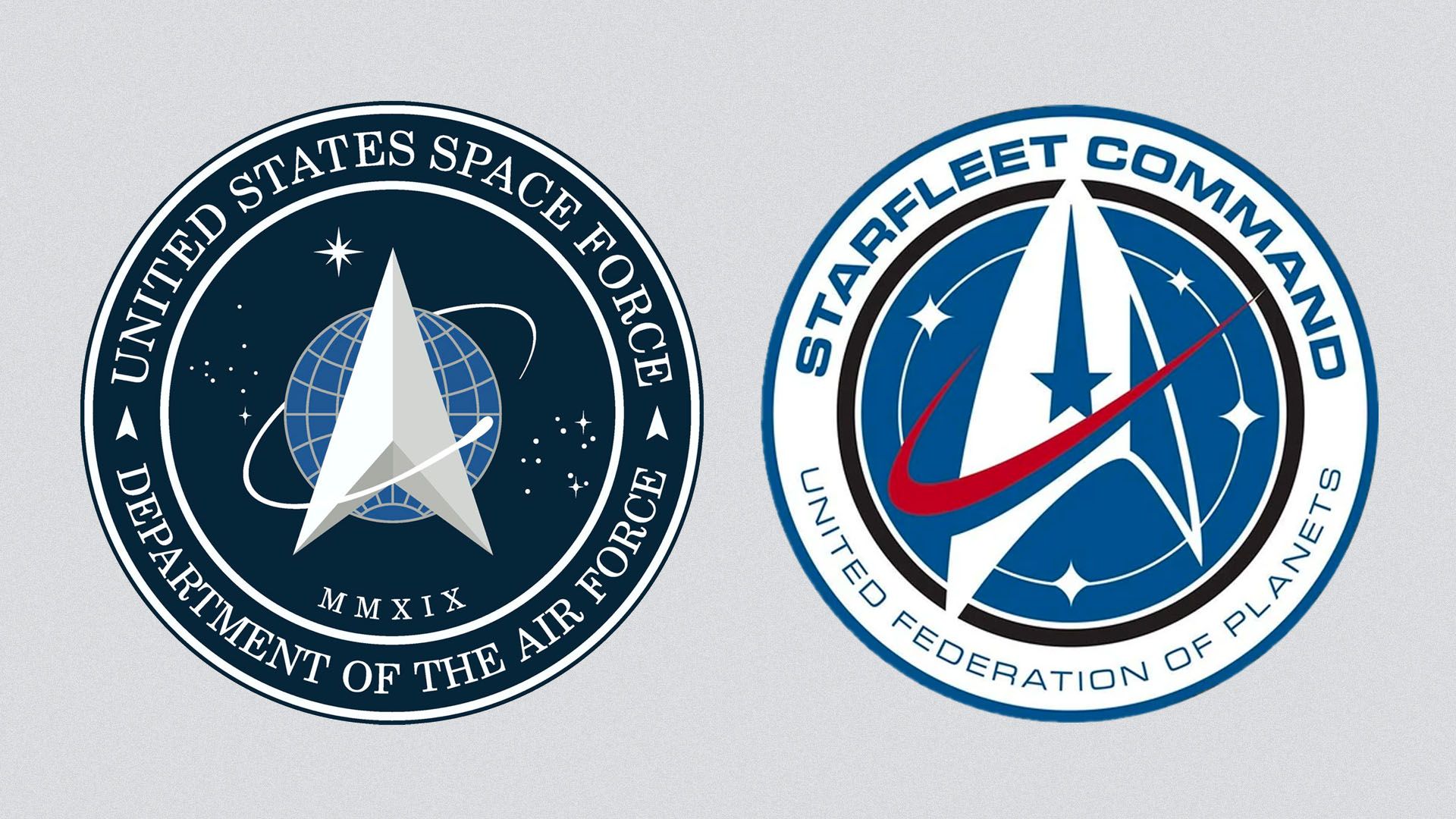 The Starfleet and Space Force logos side by side against a gray background.