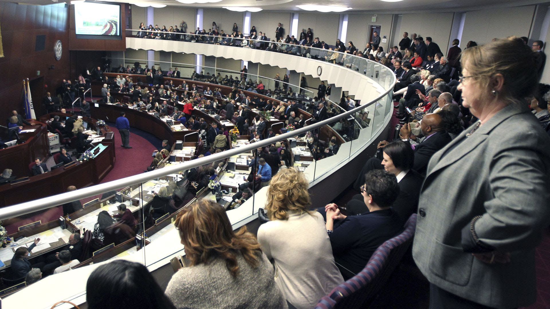 A woman stands in the back of the State Assembly.