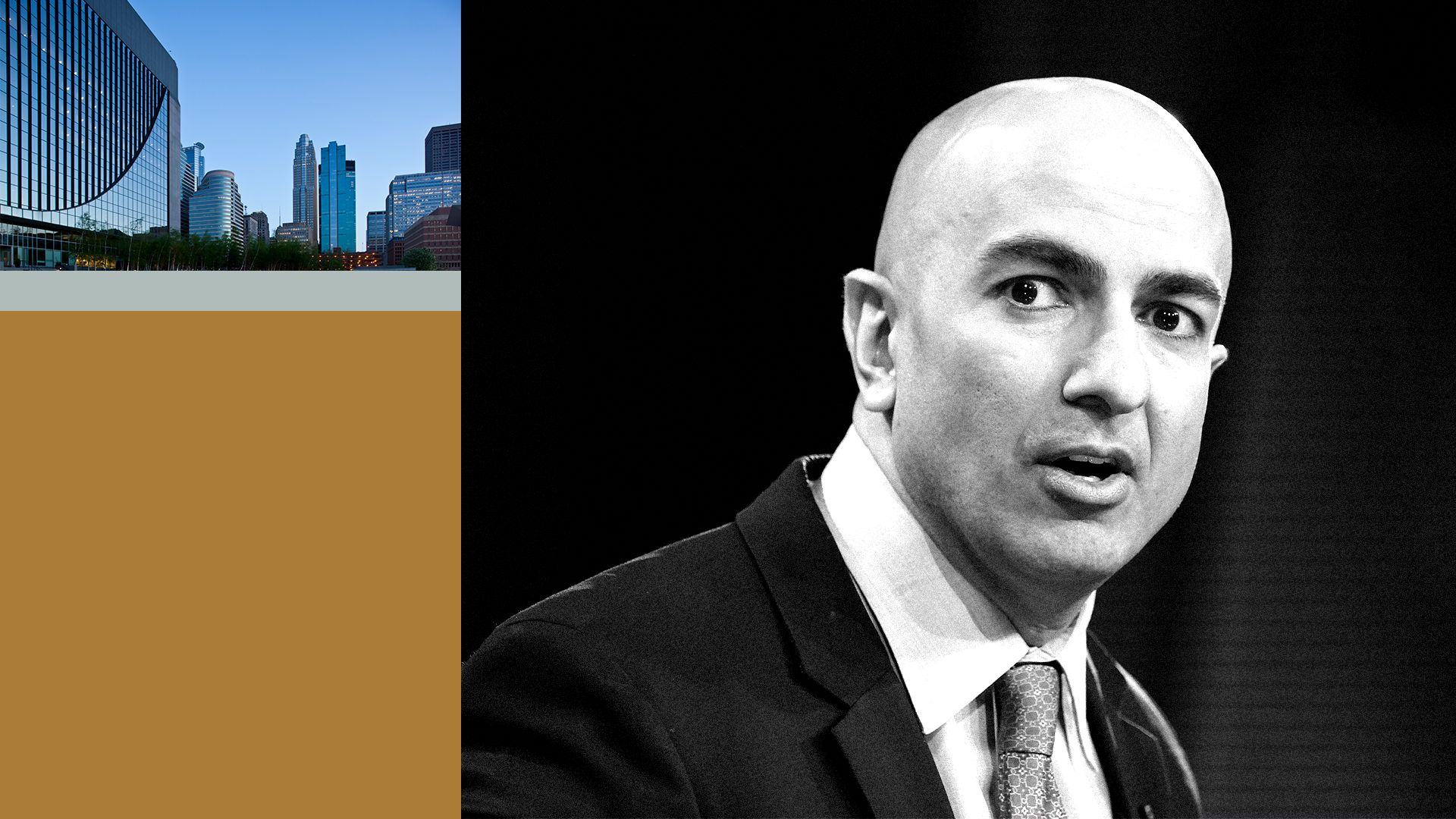 Collage of Minneapolis Fed president Neel Kashari and city imagery