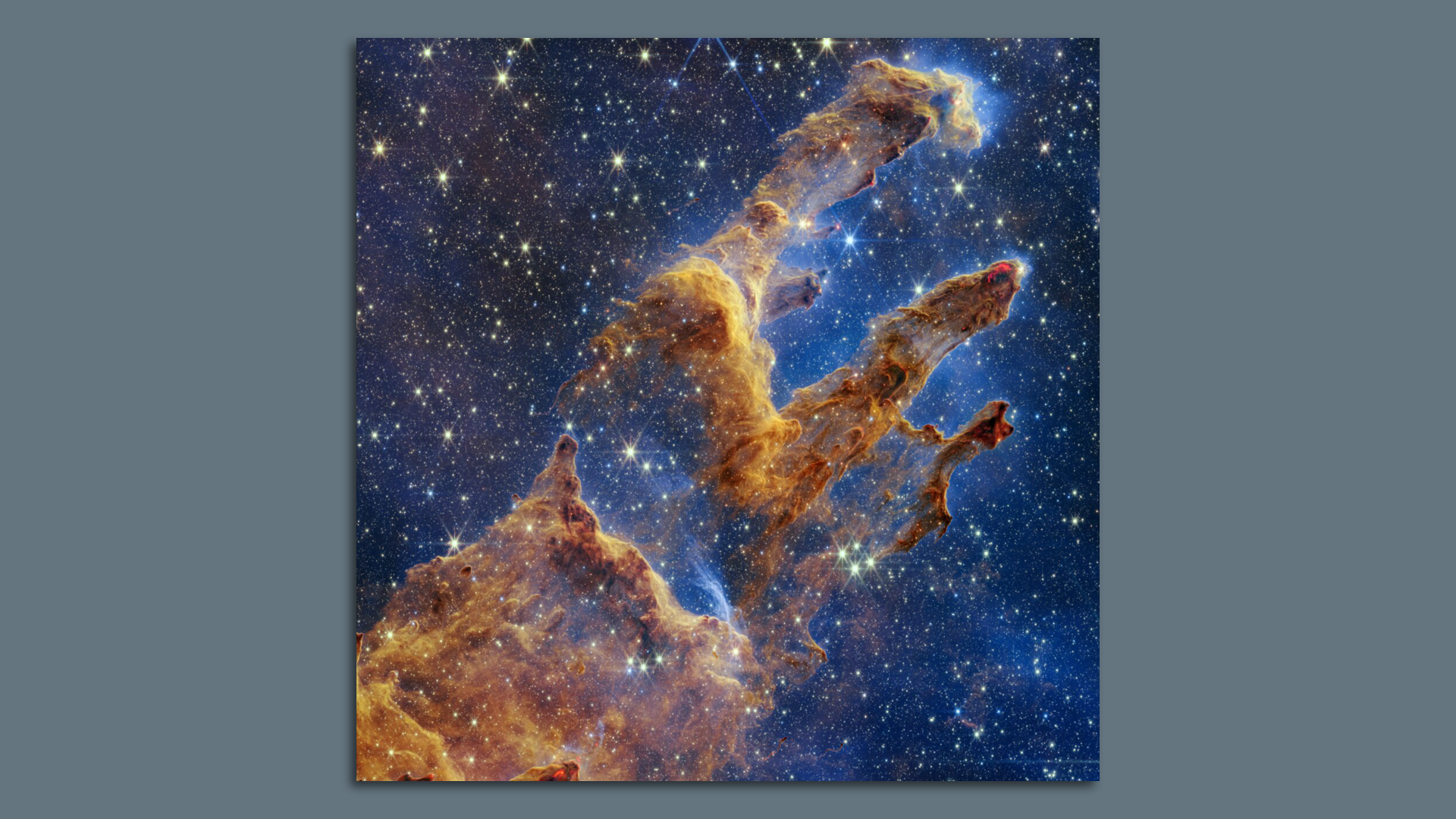 The NASA/ESA/CSA James Webb Space Telescope has captured a lush, highly detailed landscape – the iconic Pillars of Creation – where new stars are forming within dense clouds of gas and dust.