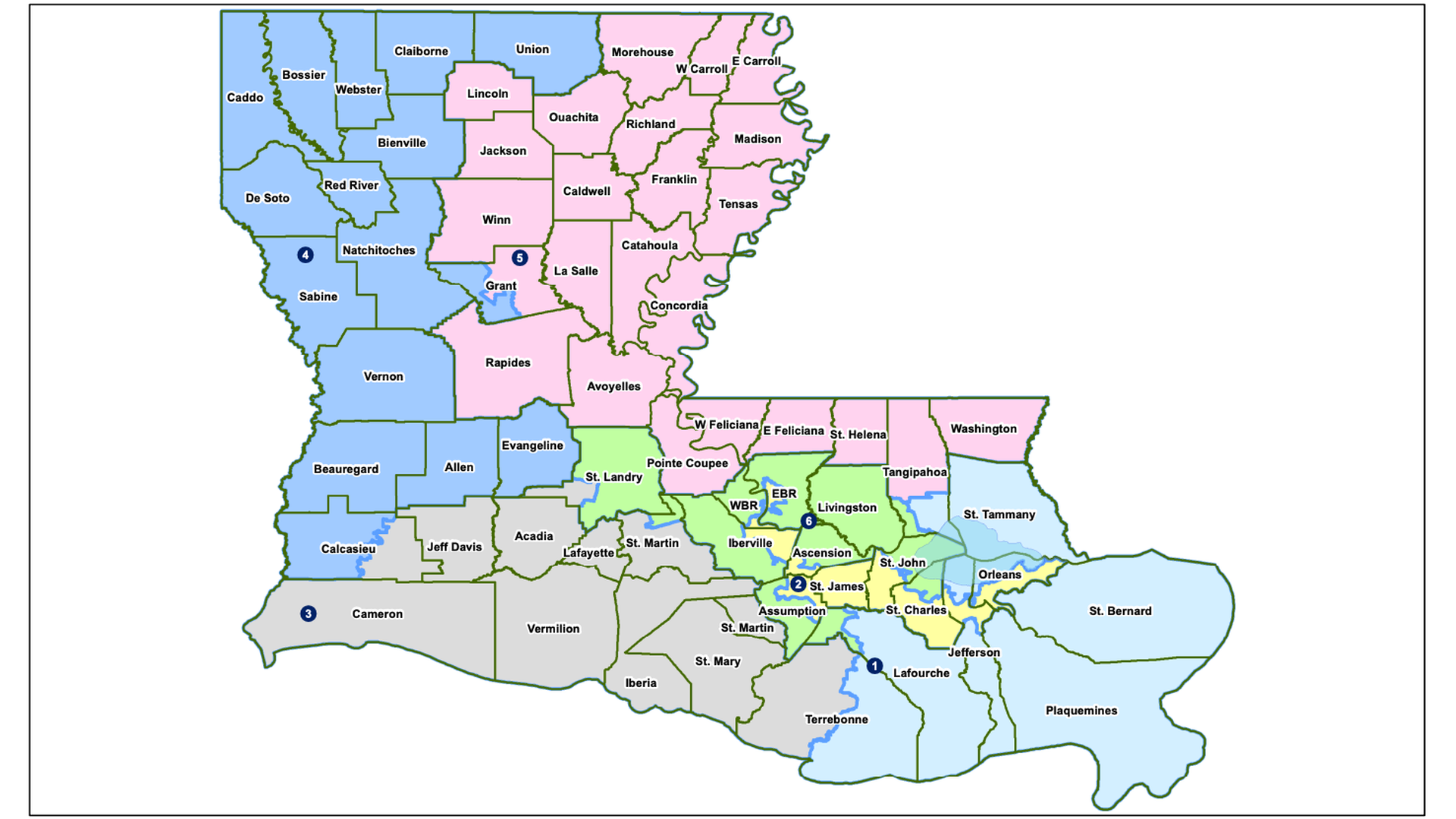 Map of Louisiana showing statewide congressional districts, color coded (blue, pink, green, gray). Districts 1โ6 are numbered; parish labels and Gulf Coast outline visible.