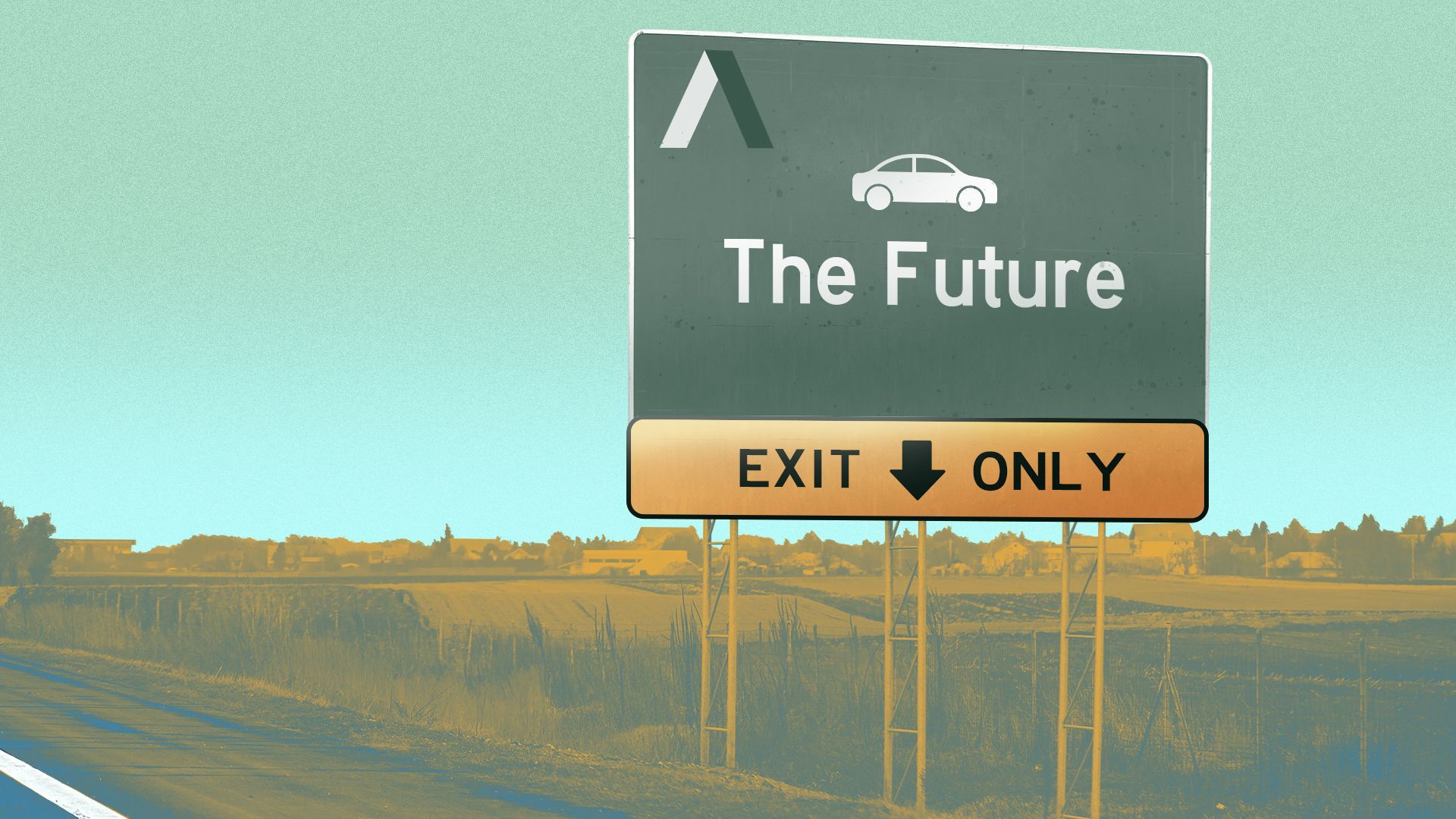 Illustration of a roadside sign that reads "The Future" featuring a car logo and the words "exit only"
