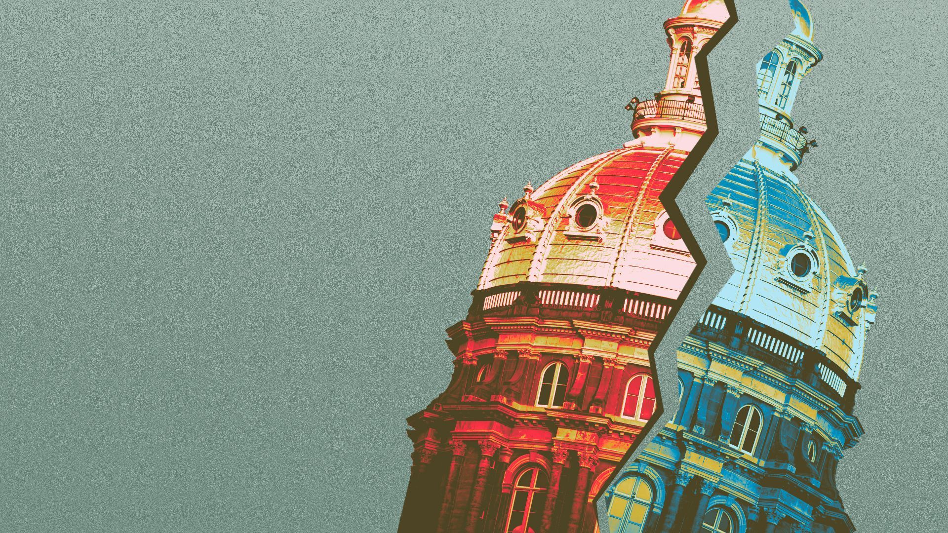 Illustration of the Iowa State Capitol dome, split in half with one side red and one side blue.