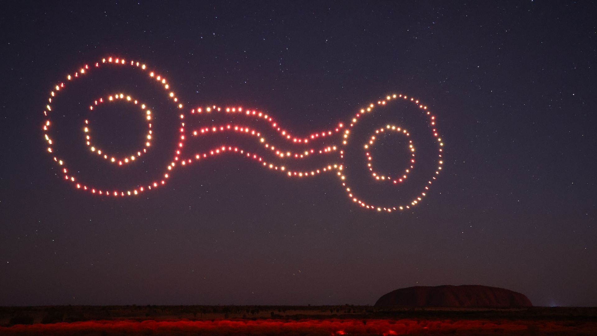 Immersive Light And Sound Show 'Wintjiri Wiru' Tells Indigenous Stories Of Uluru, central Australia, with more than 1,100 drones.