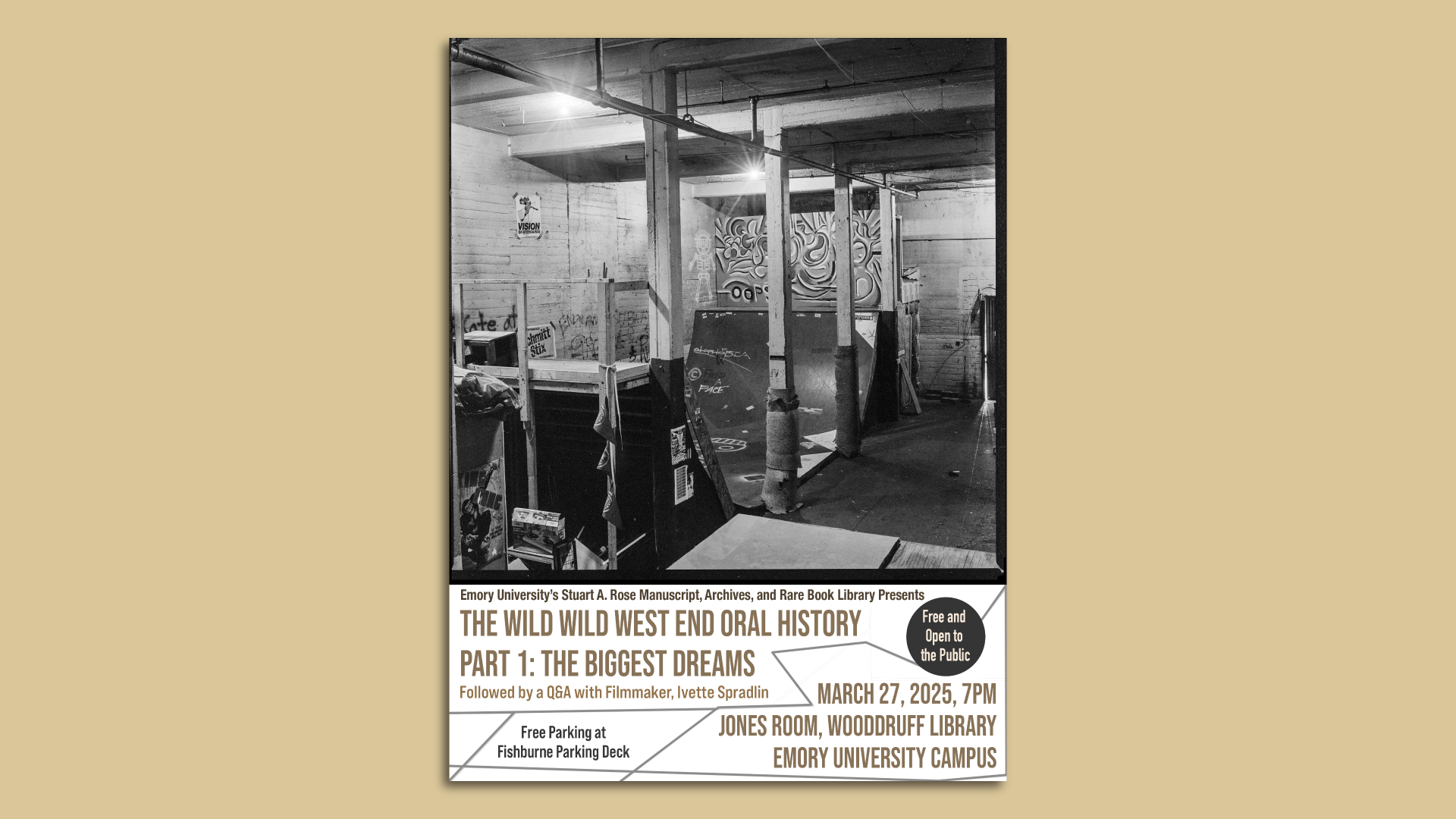 A pamphlet for a "The Wild Wild West End" documentary screening. The pamphlet includes a black-and-white photo of a skate board half-pipe ramp in a warehouse setting.