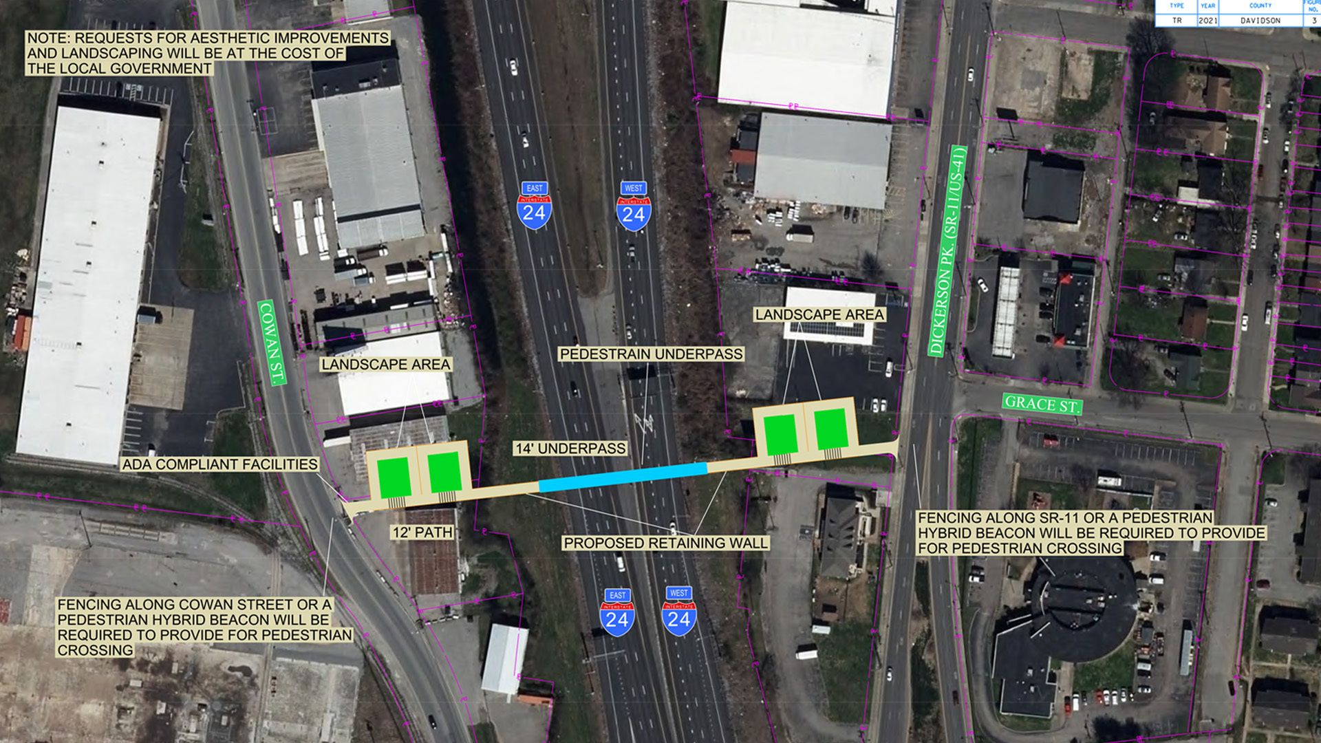 A map showing a cluster of streets near the interstate in East Nashville