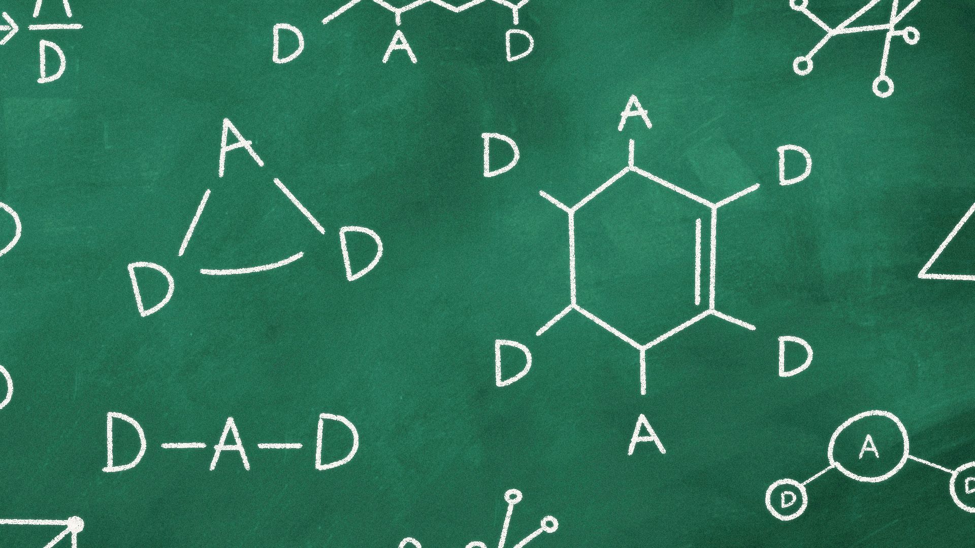 an illustration of a chalkboard covered in chemical formulas that all spell the word "dad"