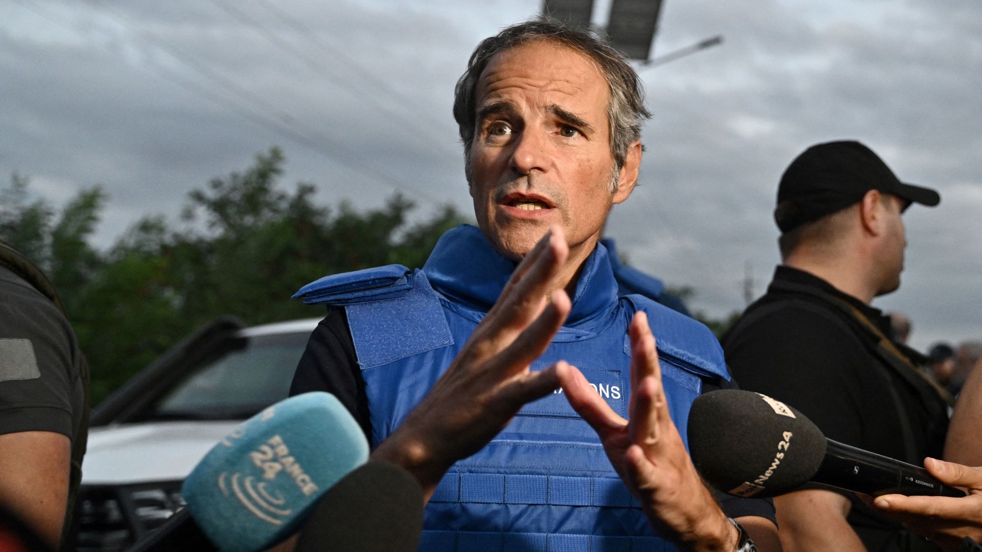 Rafael Grossi, director general of the International Atomic Energy Agency, speaking to reporters outside Zaporizhzhia city on Sept. 1.