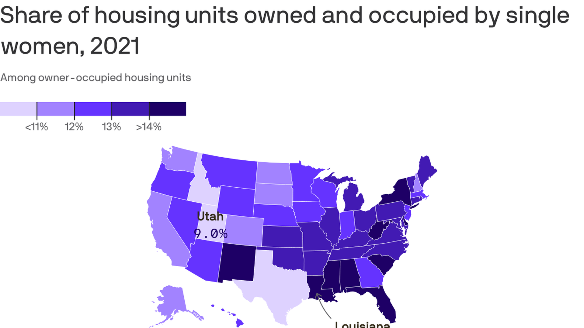 A map showing share of housing units owned and occupied by single women in 2021.