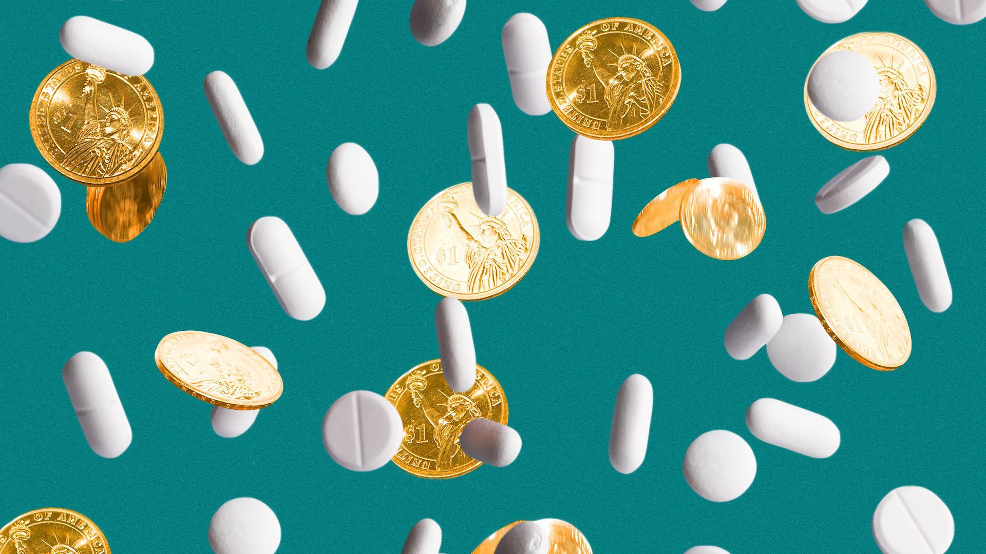 Illustration of falling coins and pills 