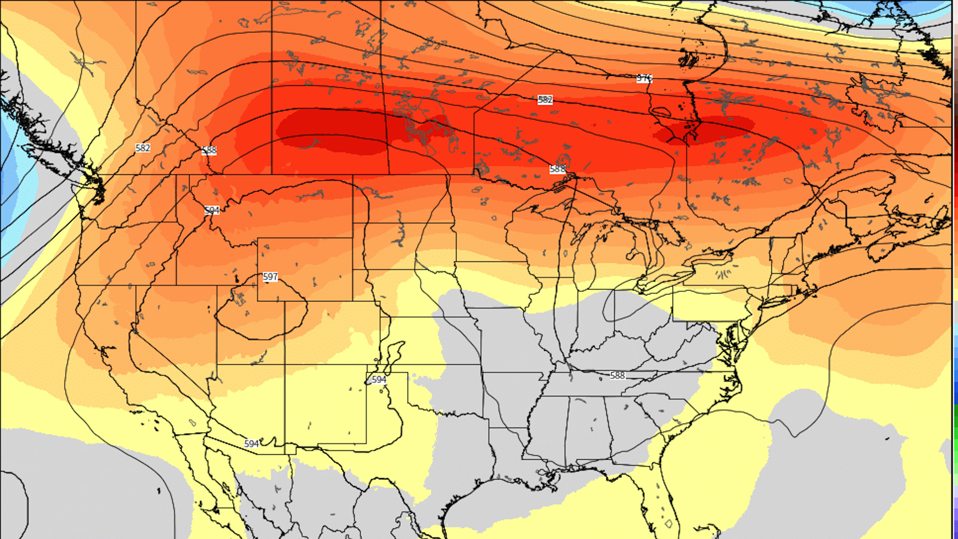 Map showing red and orange colors where temperatures will be extremely hot in mid-July.