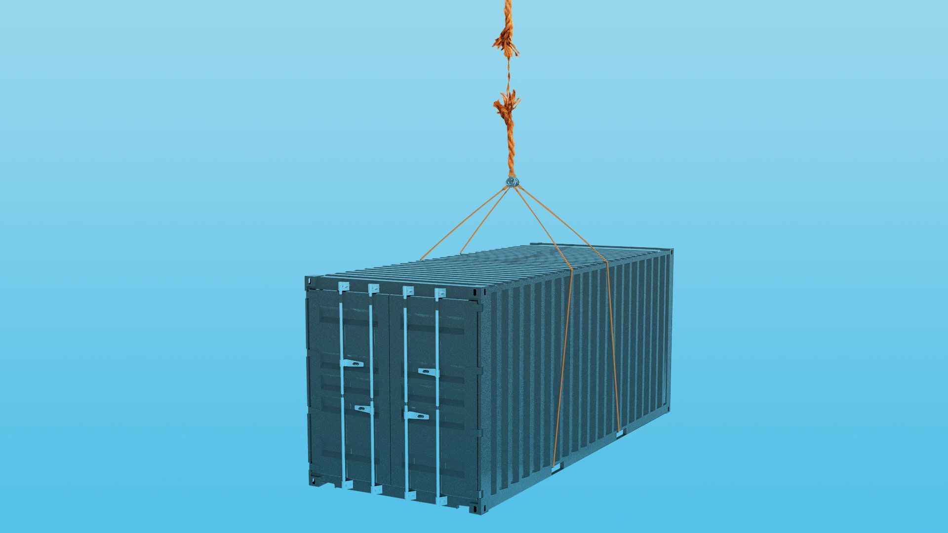 Illustration of a shipment container being held up by a frayed rope. 