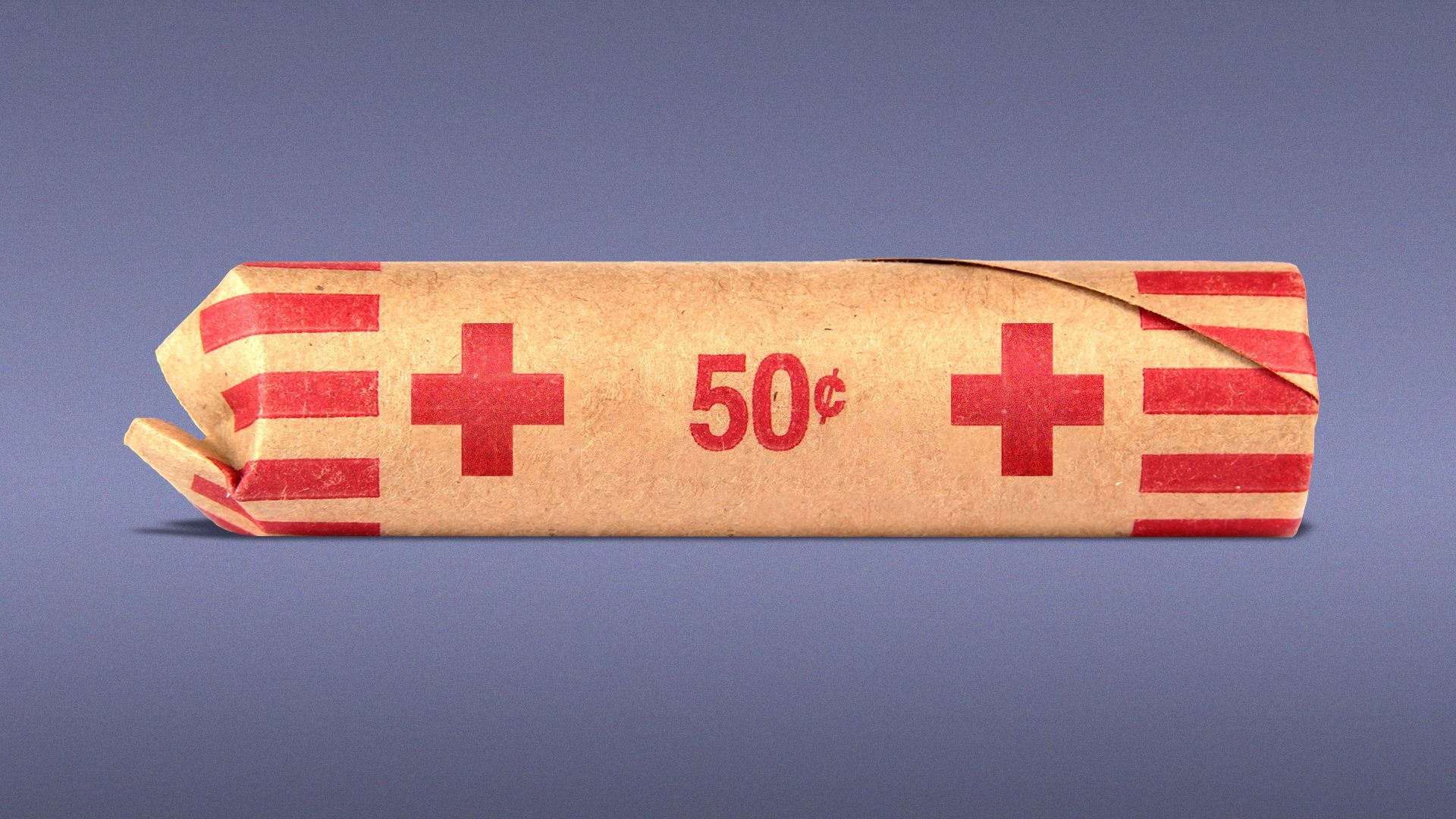 Illustration of a penny roll with red medical cross symbols printed on the side
