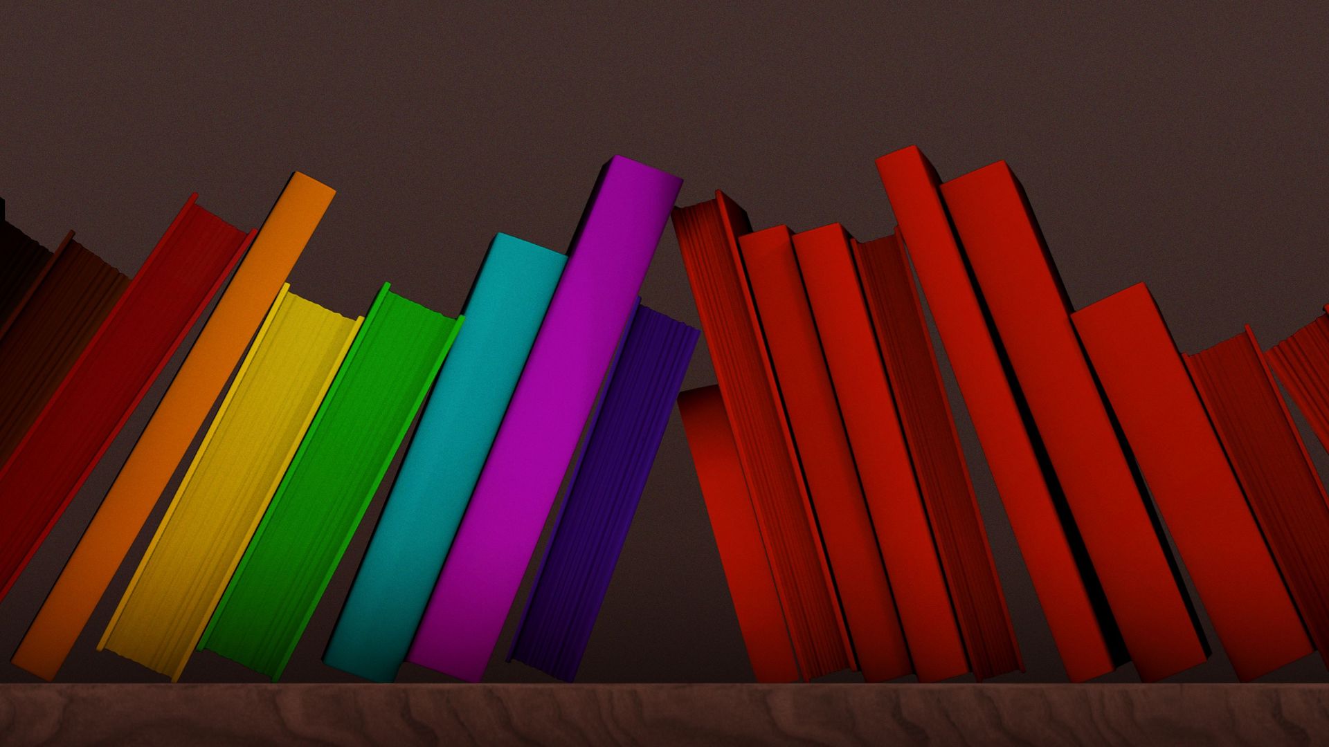 Illustration of a stack of rainbow and a stack of red books leaning on each other.