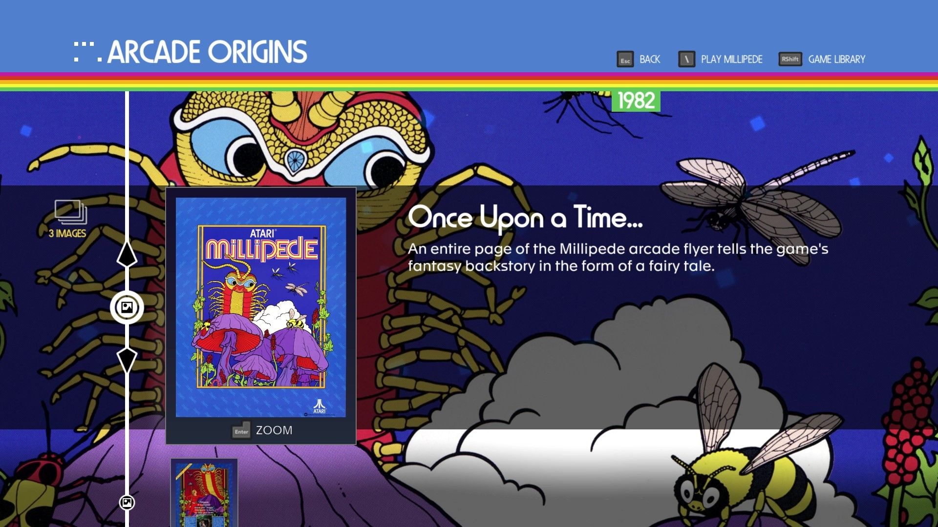 Screenshot of poster showing a blue millipede video game character