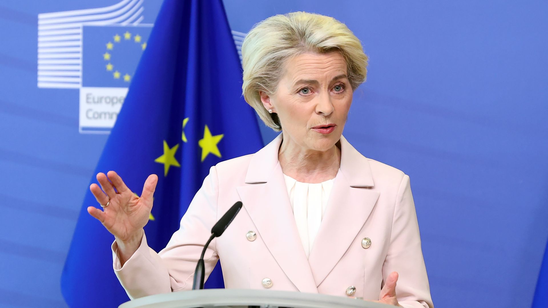 European Commission President Ursula von der Leyen holds a press conference on in Brussels, Belgium on April 27