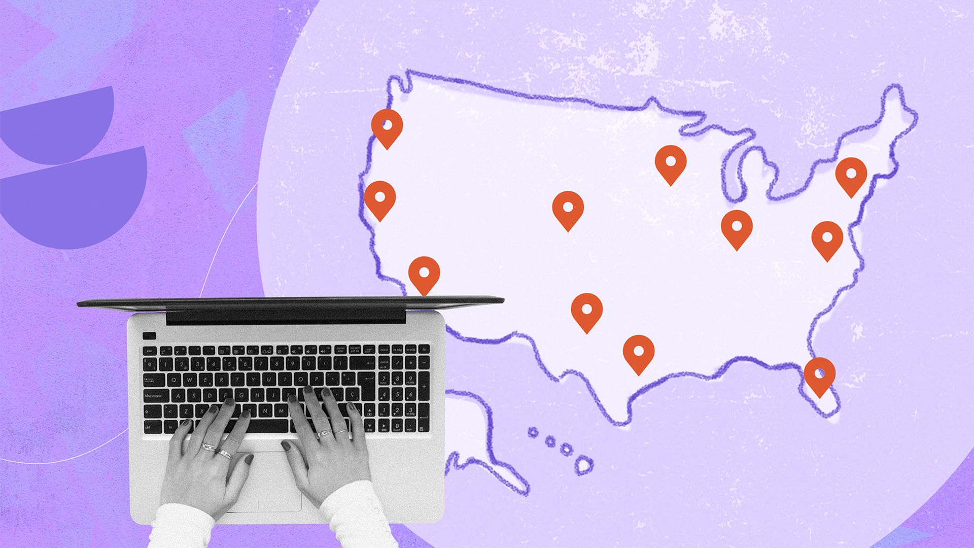 An graphic of someone on their laptop with a map of the US in the background.