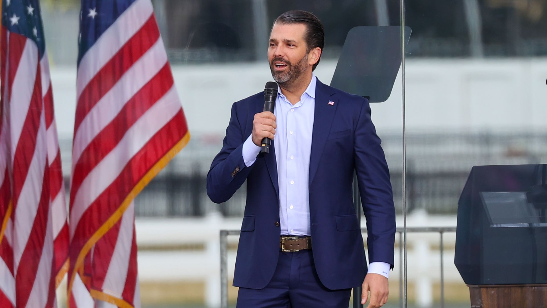 Donald Trump Jr. is seen speaking during a political rally.