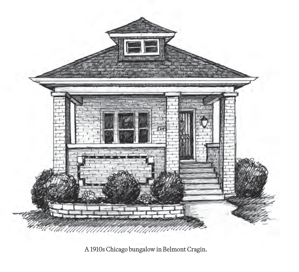 A drawing of a houe with bushes in front. 