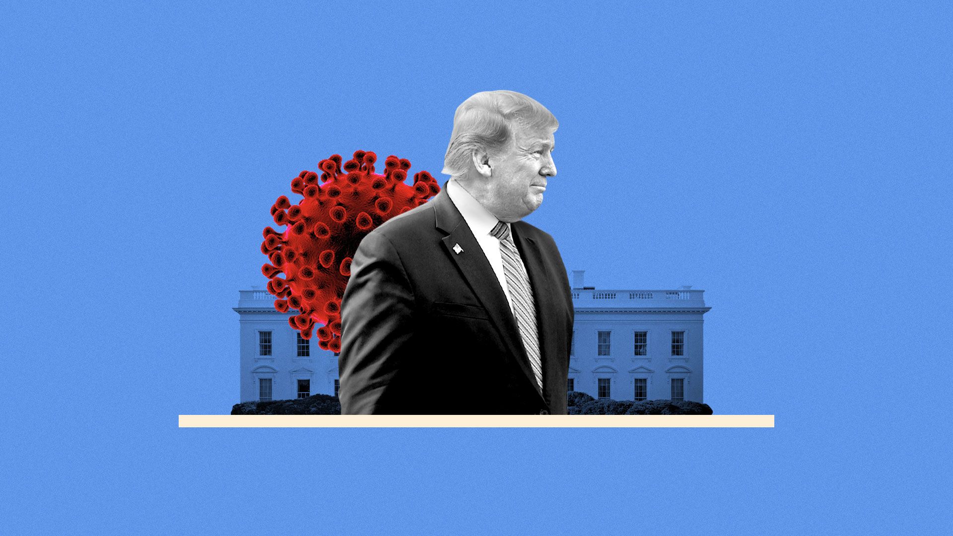 Photo illustration of Donald Trump with Coronavirus and White House.
