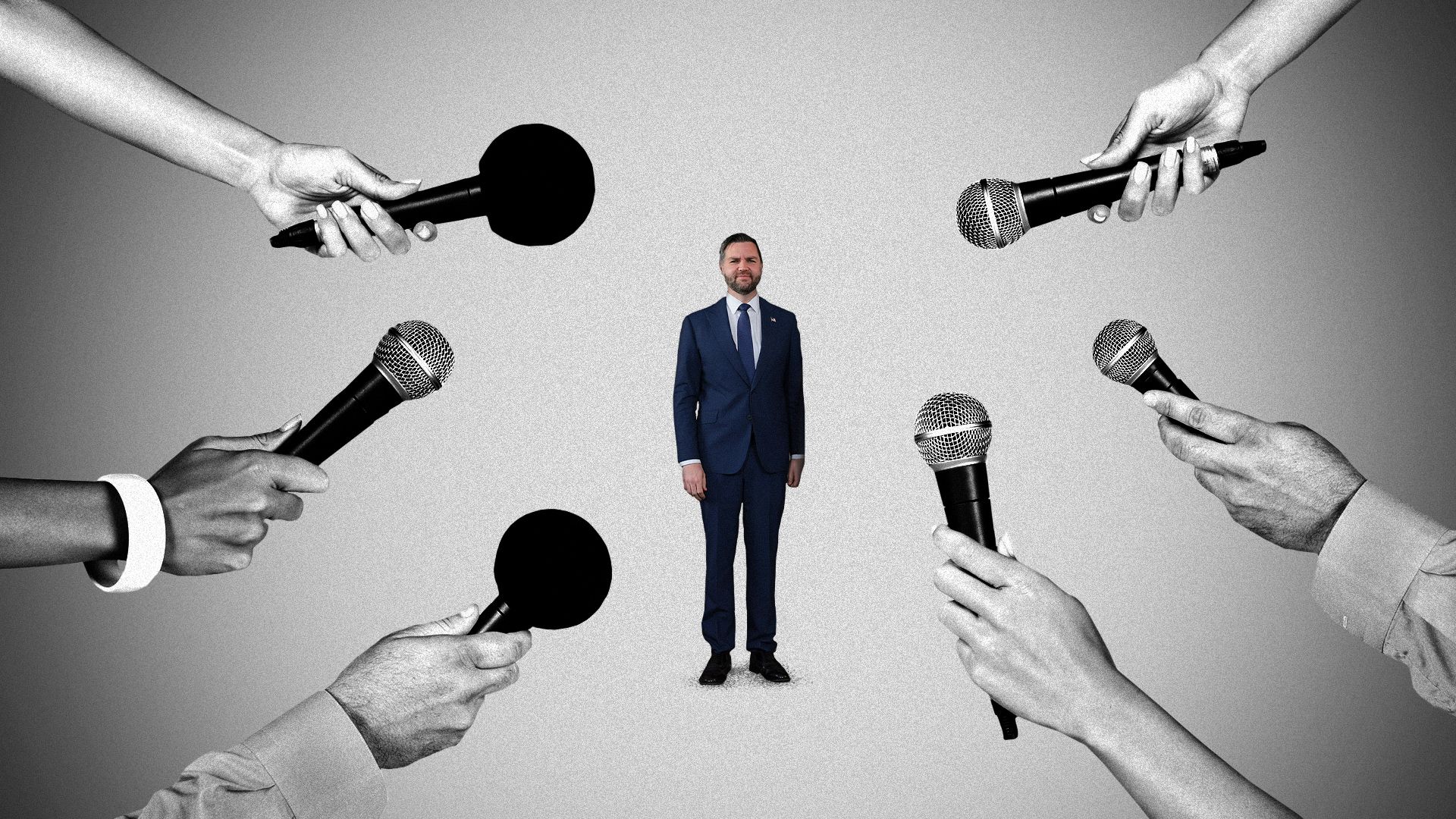 Photo illustration of JD Vance surrounded by reporters holding microphones. 