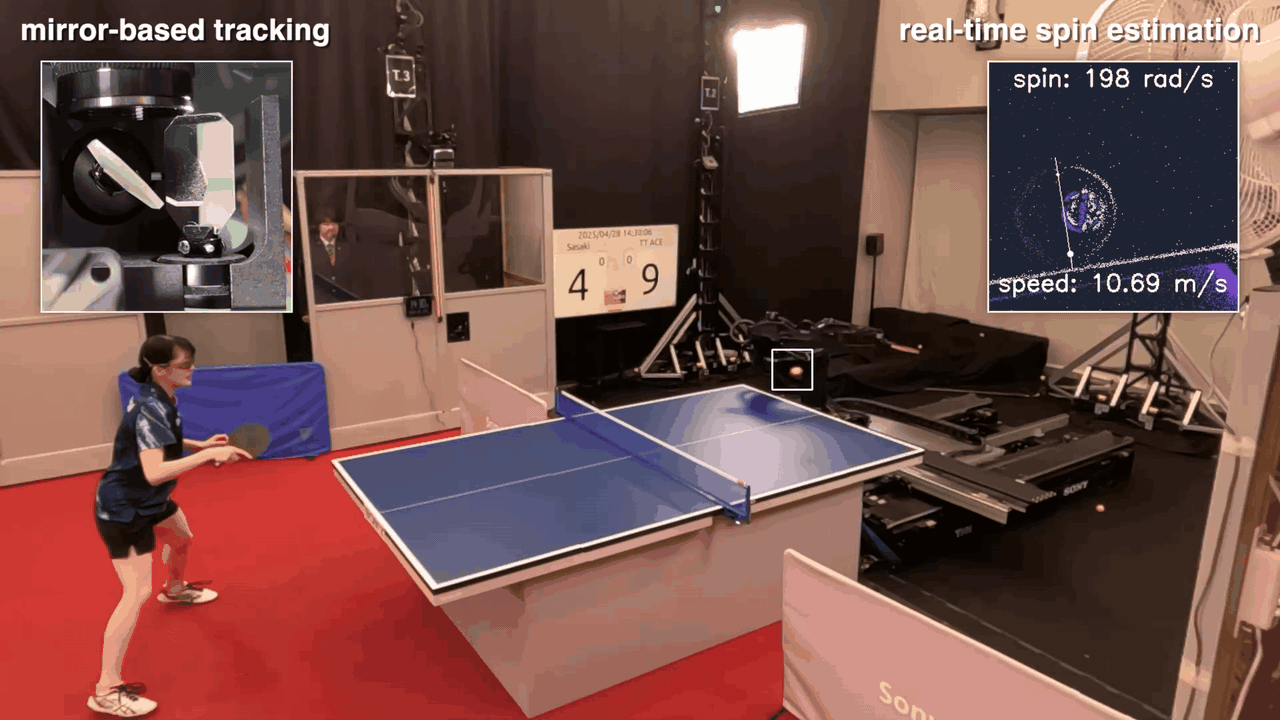 A player at a blue ping-pong table on a red floor plays a robot in table tennis.