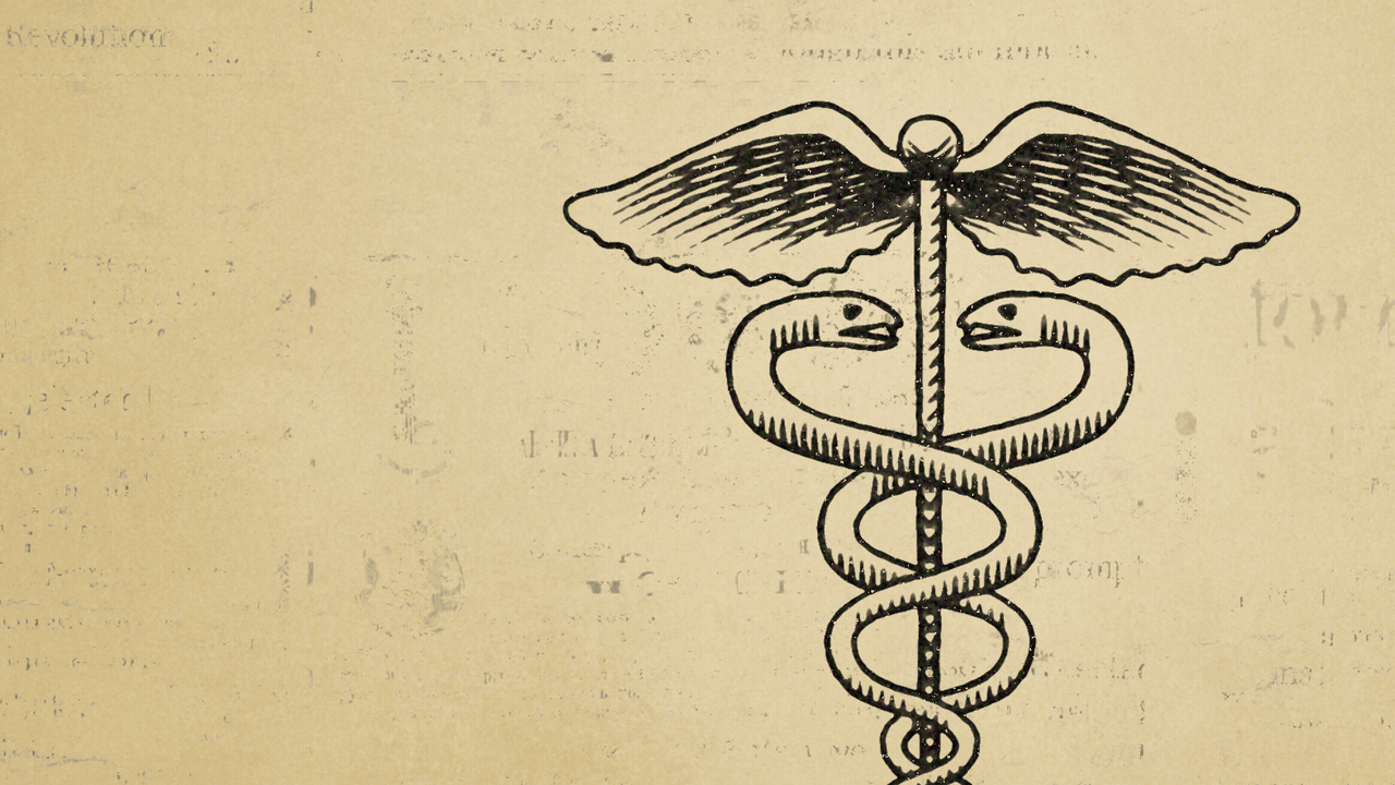 Animated illustration of a caduceus drawn in the style of old timey editorial cartoons breaking into smaller parts and reforming.