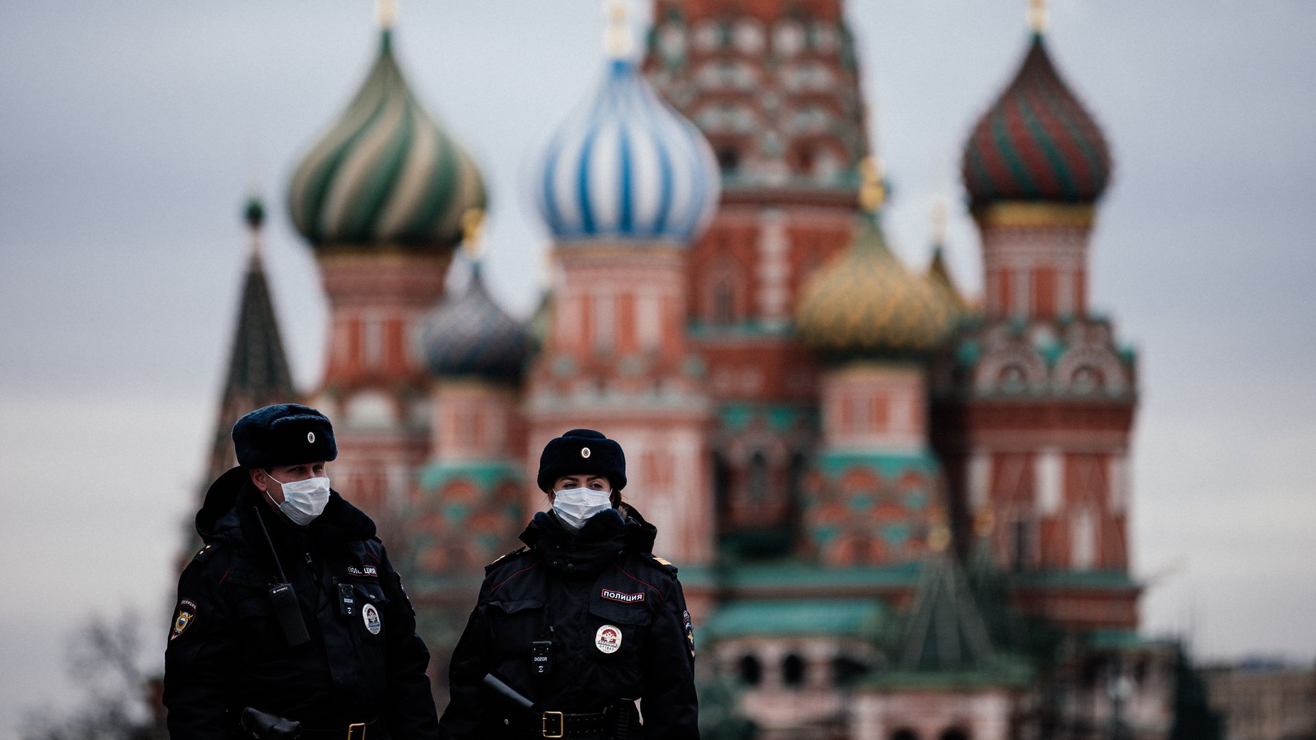 Russian police officers in front of Saint Basil's Cathedral in Moscow in March 2020.
