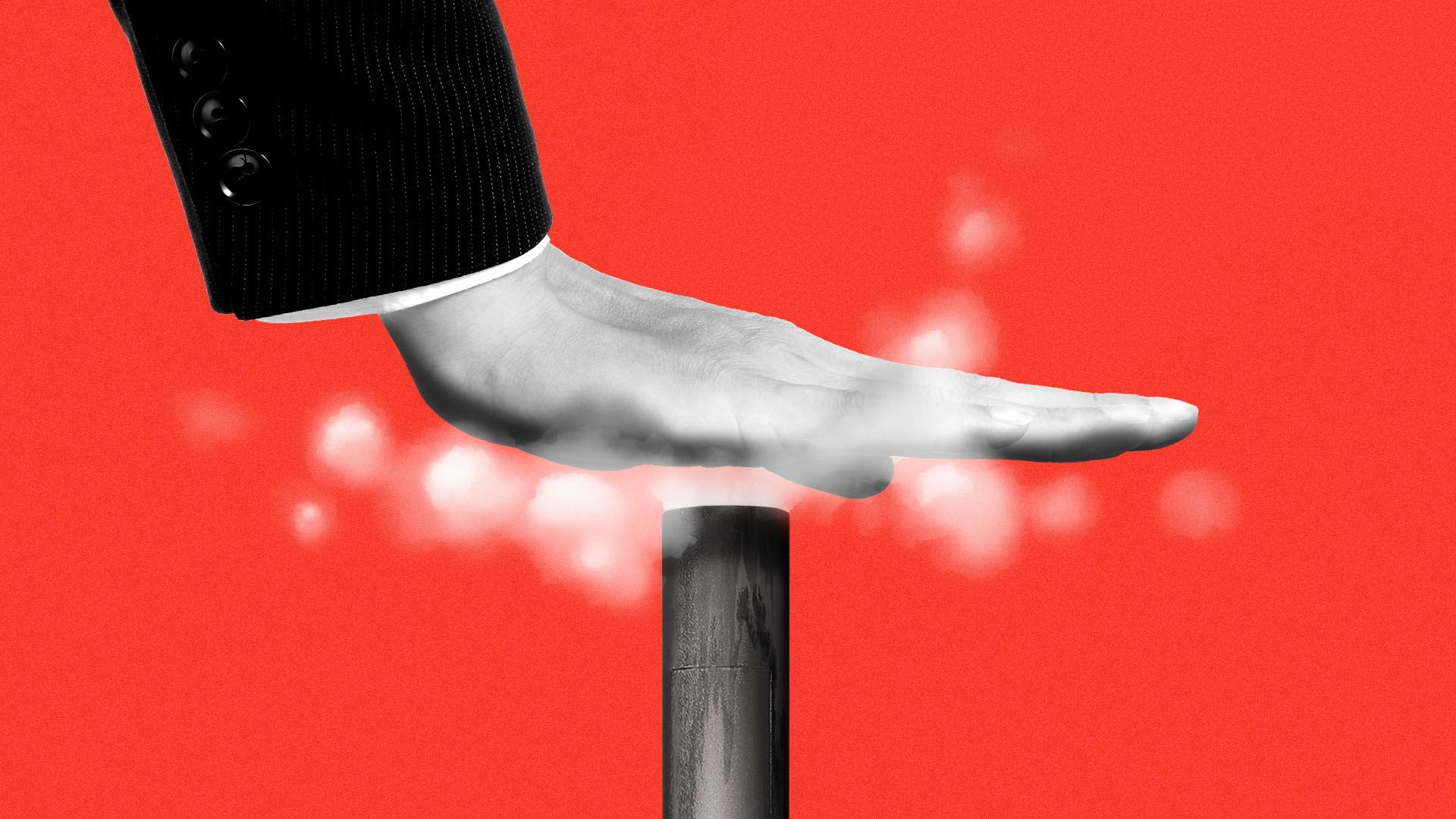 Illustration of a hand in a suit blocking the smoke being emitted from a smokestack 