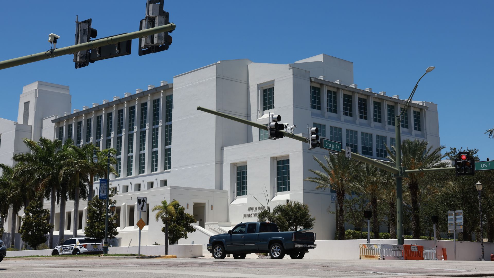 An image of the outside of a building with a clear sky. 