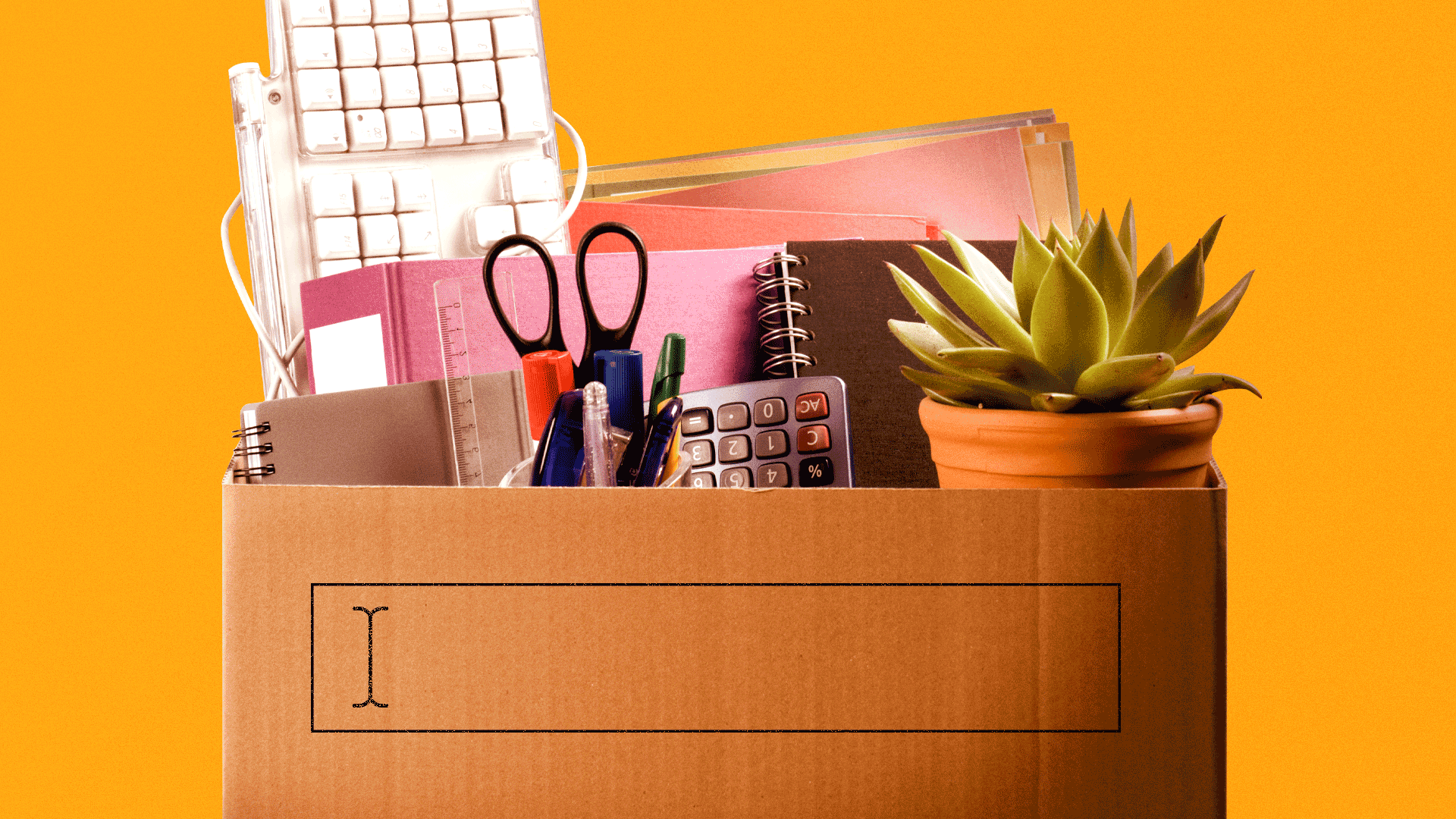 Animated illustration of a blinking cursor in a dialogue box on the outside of a packing box full of office supplies