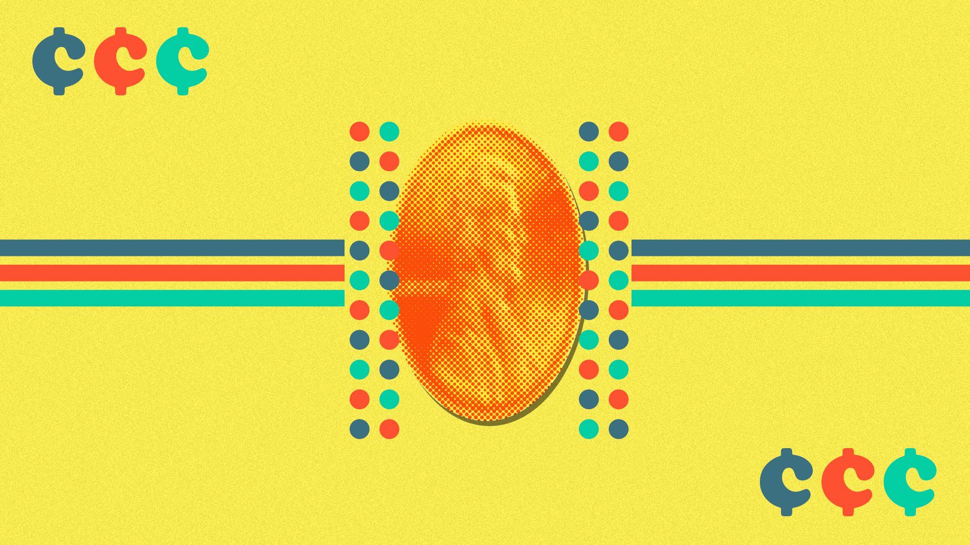 Illustration of a penny being pinched by a vise made out of stripes and dots. 