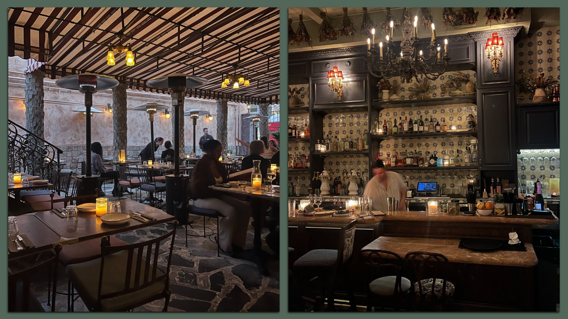 Split-image of a restaurant: left shows an outdoor dining area with stone pillars and floor, warm candlelight, and wooden tables; right shows an indoor bar with a chandelier, tiled wall, and bartender.