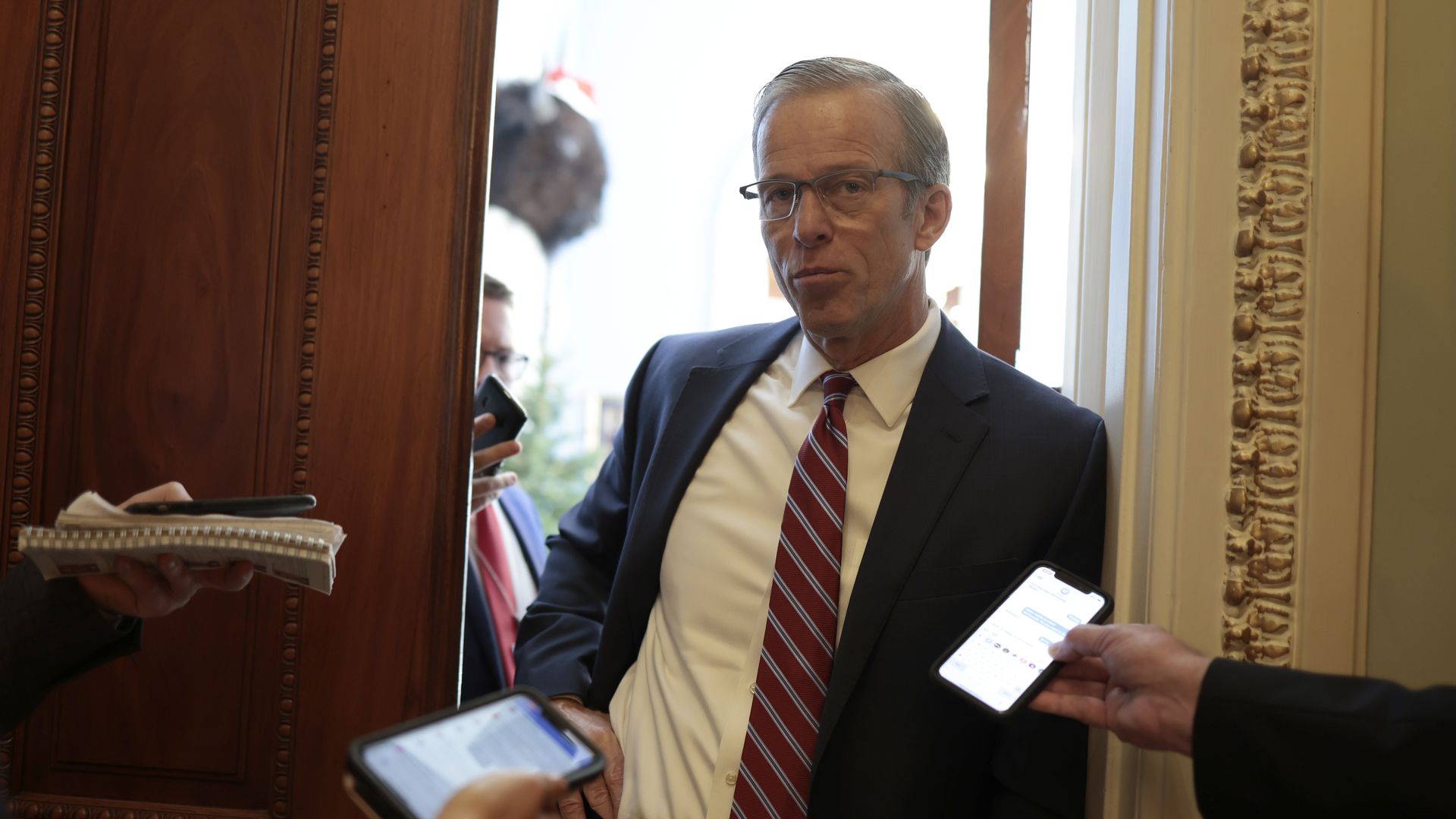 Sen. John Thune (R-SD) speaks with reporters outside his office in the U.S. Capitol Building on January 04, 2022 in Washington, DC.