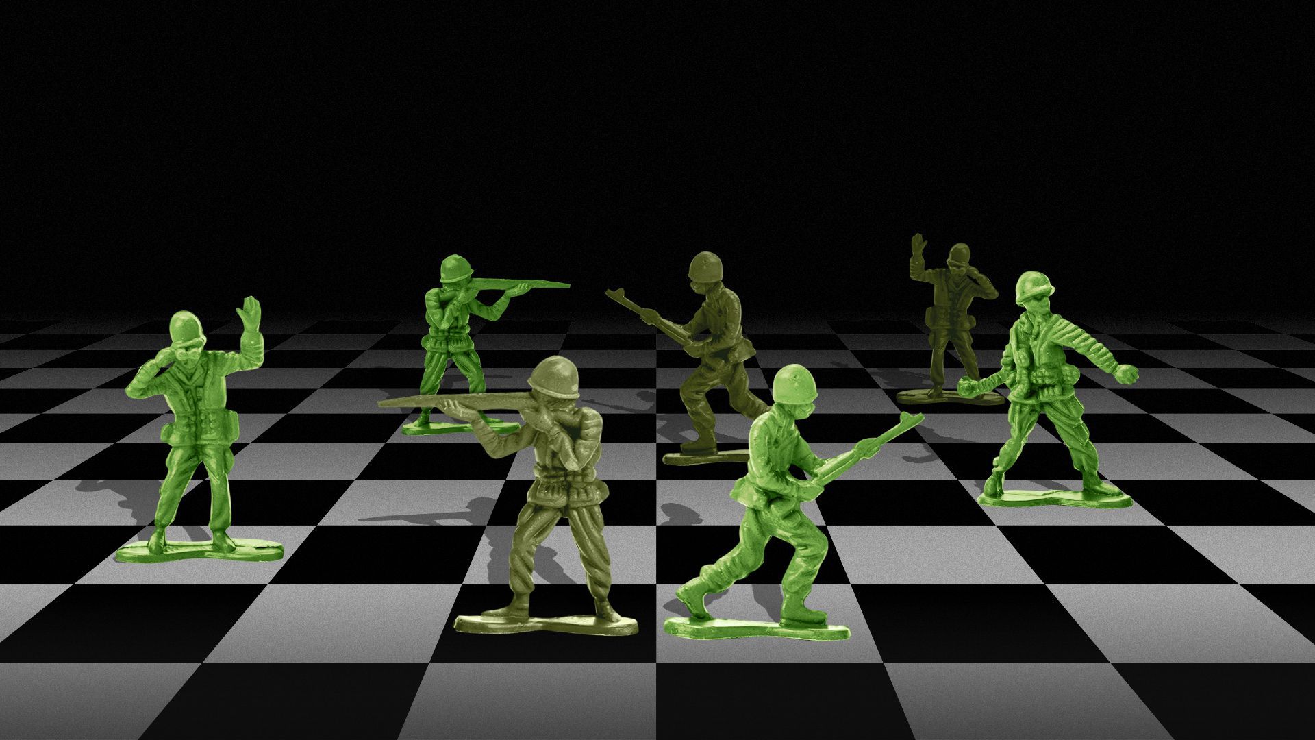 Illustration of toy army men on a chessboard. 