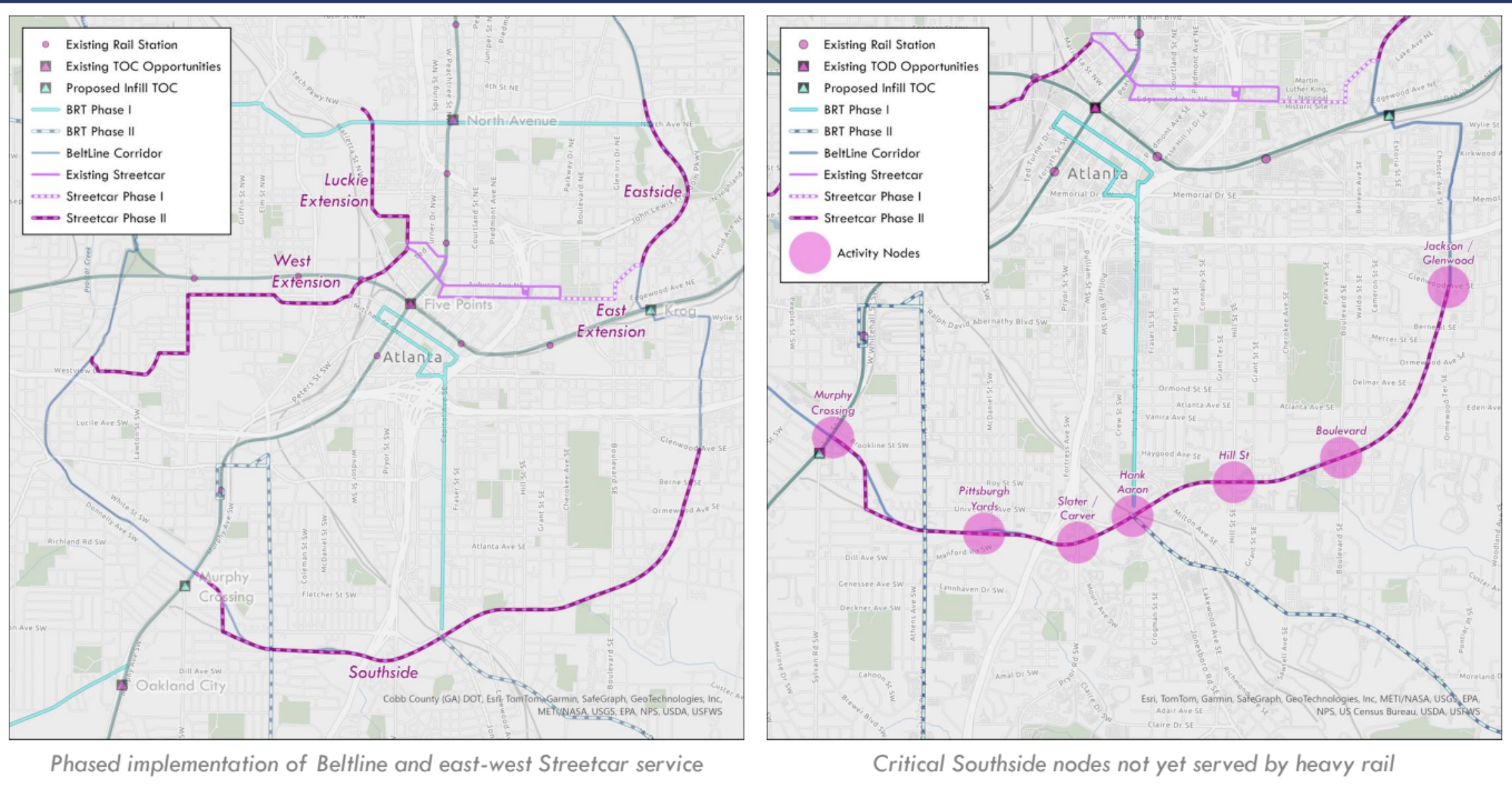 Side by side maps of proposed transit expansion routes along the Beltline's Southside Trail