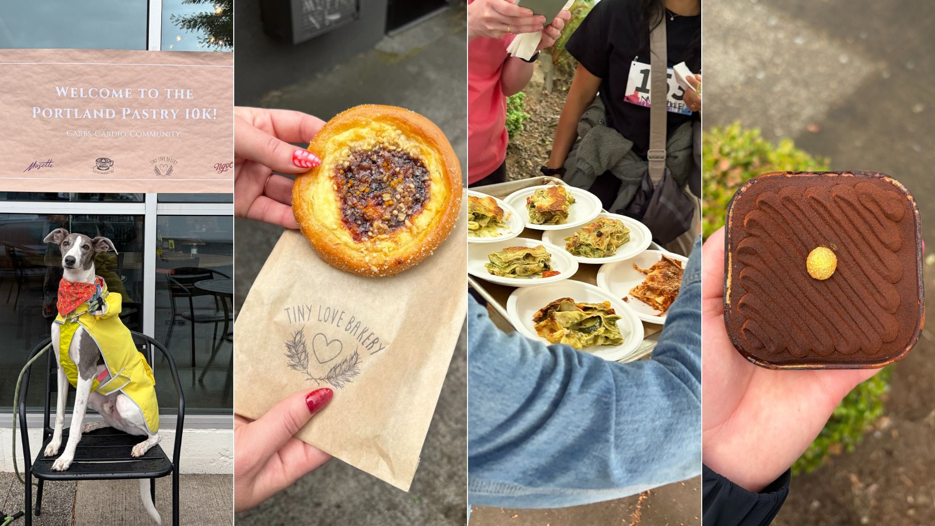 Collage of four: banner says Welcome to the Portland Pastry 10K; dog in yellow raincoat outside a cafe; berry-filled pastry in a bag; plates of pastries; and a chocolate cake with a yellow candy.