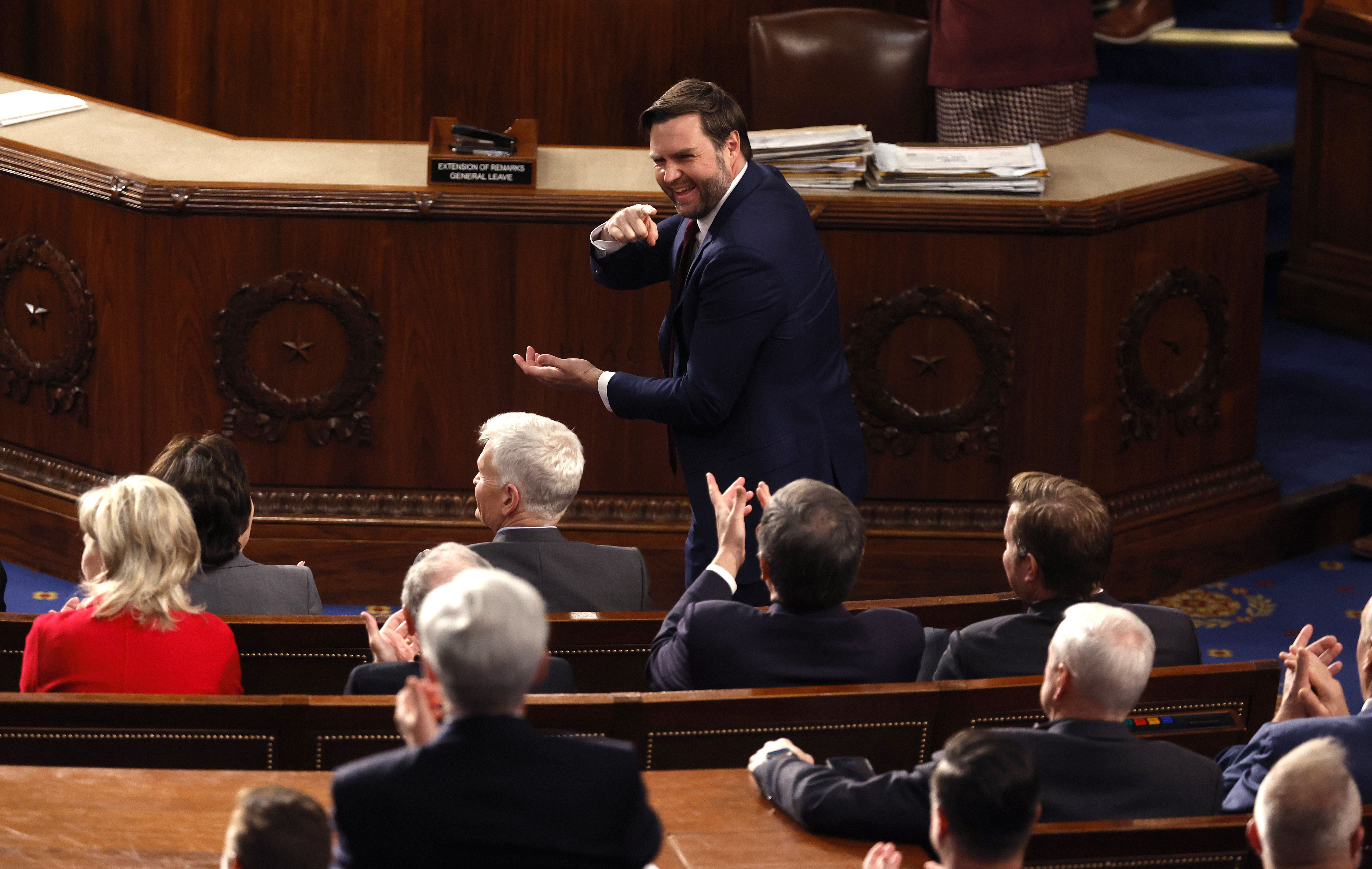 Vice President-elect Sen. JD Vance (R-OH) reacts after the Electoral College vote was certified during a joint session of Congress to ratify the 2024 Presidential election at the U.S. Capitol on January 06, 2025 in Washington, DC. Congress held a joint session to ratify President-elect Donald Trump'