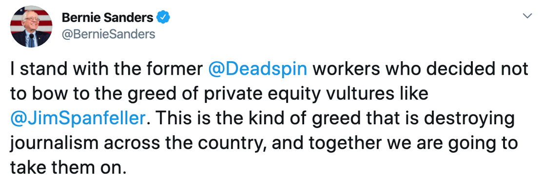 Screenshot of Bernie Sanders' tweet saying he stands with Deadspin.