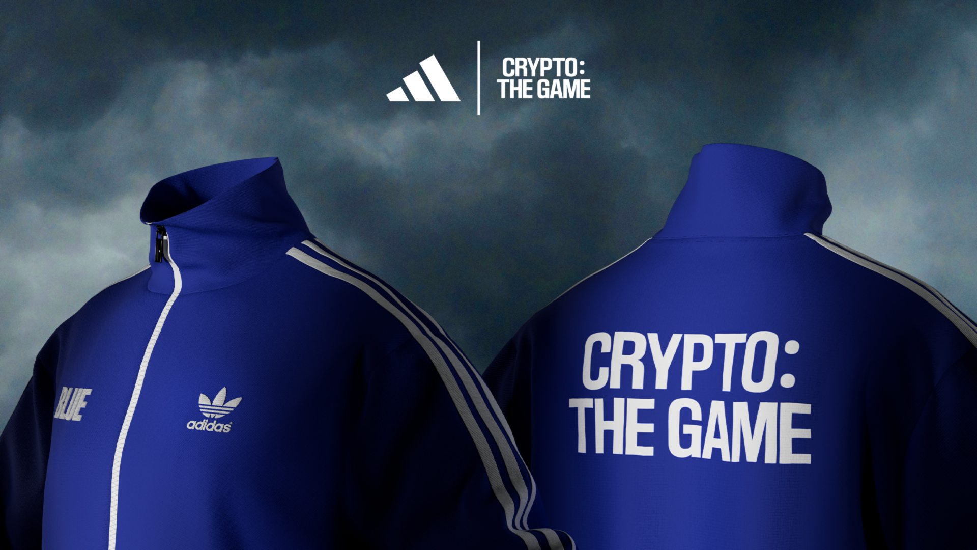A digital adidas tracksuit with the words "Crypto: The Game" on it 