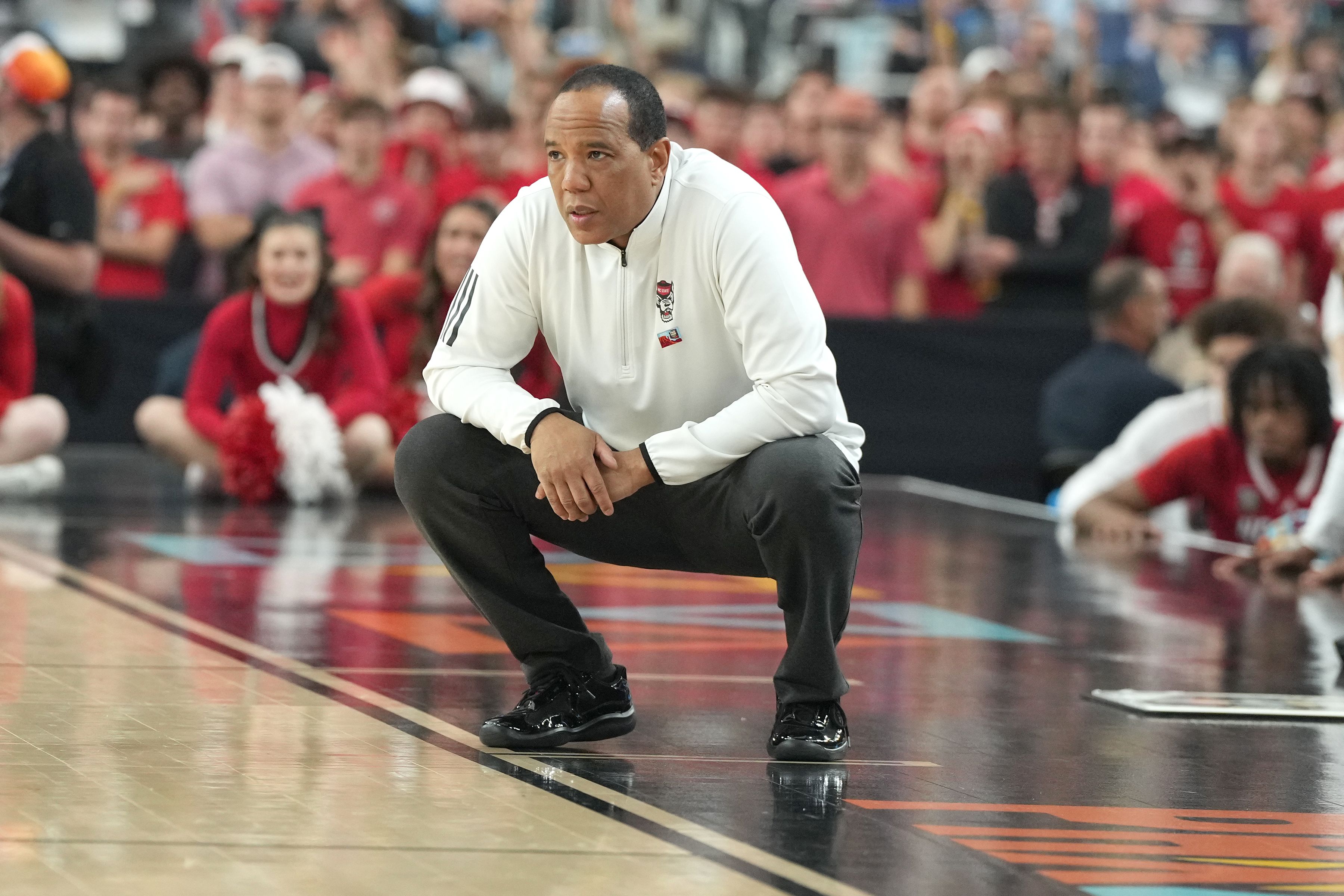 GLENDALE, ARIZONA - APRIL 06: Head coach Kevin Keatts of the North Carolina State Wolfpack looks on during the NCAA Mens Basketball Tournament Final Four semifinal game against the Purdue Boilermakers at State Farm Stadium on April 06, 2024 in Glendale, Arizona. (Photo by Mitchell Layton/Getty Image