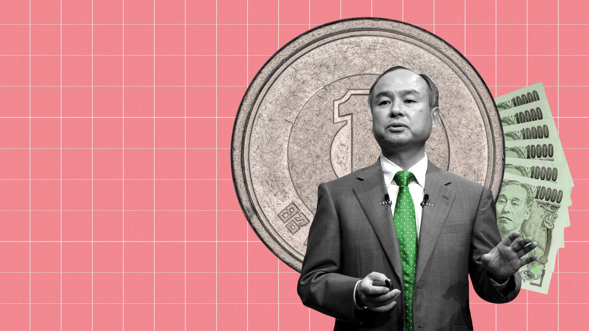 Photo illustration of Masa Son with Japanese Yen coin and bills behind him.