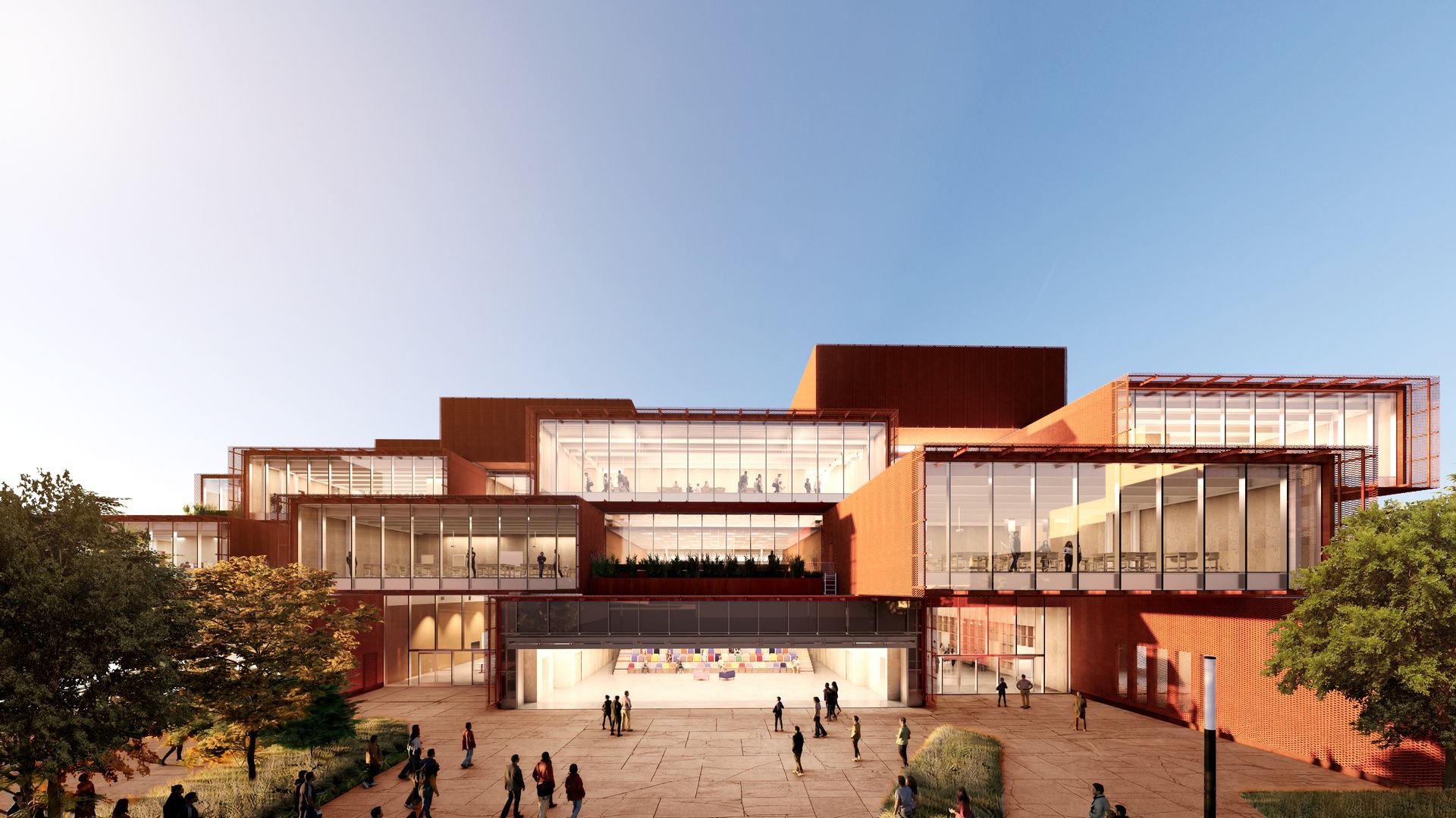 Modern red-brick building with large glass facades dominates the lower half; people walk in a spacious courtyard, visible through windows; trees frame the scene against a clear blue sky.