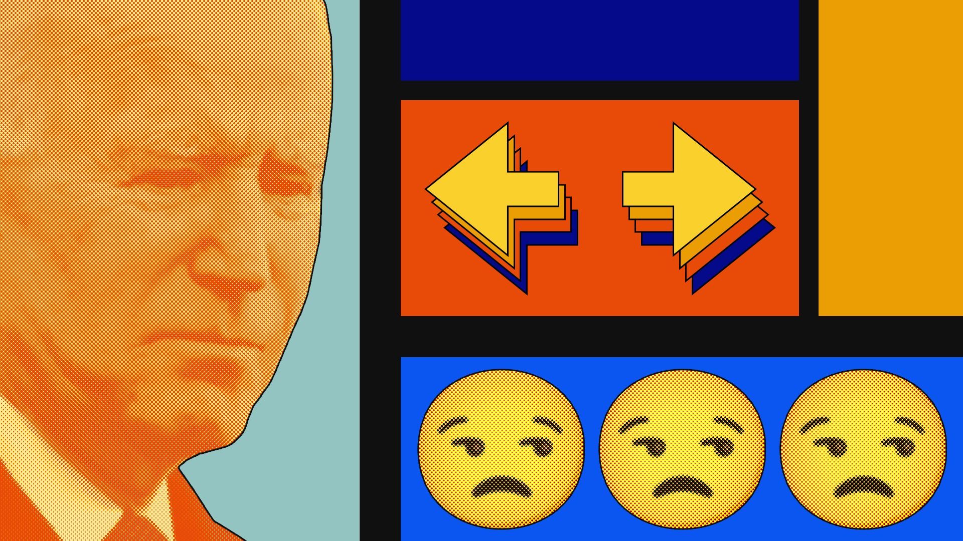 Photo illustration of Joe Biden, arrows pointing away from each other, and the unamused face emoji on a colorful grid background.