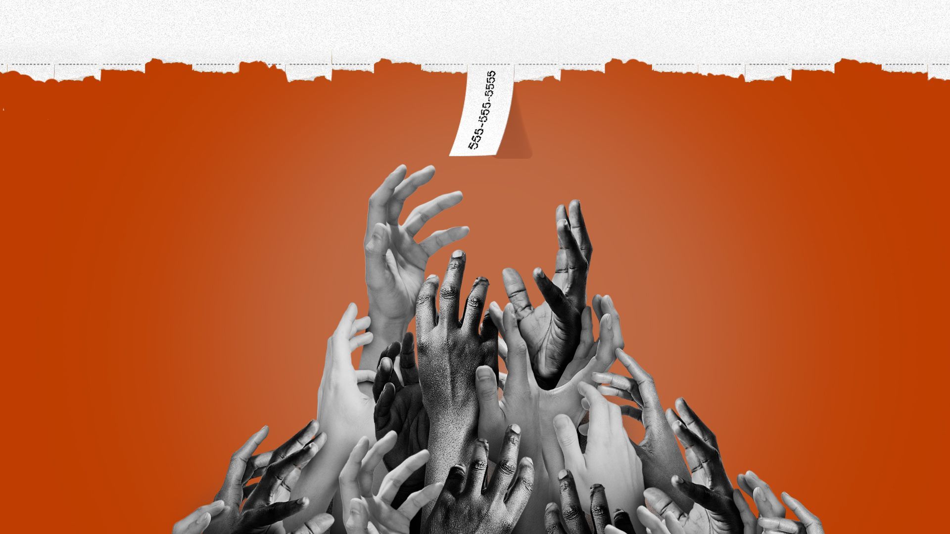 Illustration of a pile of hands reaching out for a single piece of paper left hanging from a job advert flyer. 